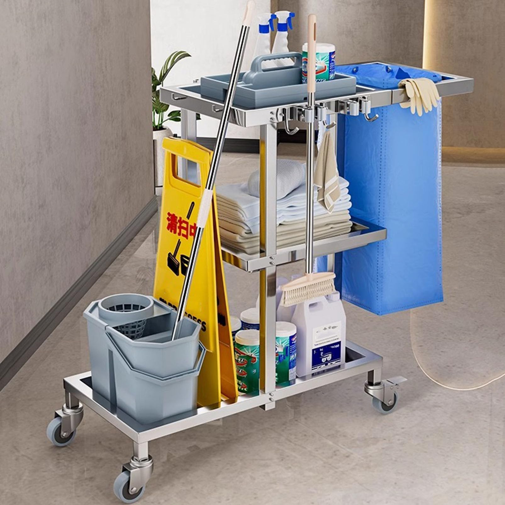 Carro de Limpieza Industrial Resistente con Ruedas, Organizador con Soporte para fregonas para una Limpieza eficiente.