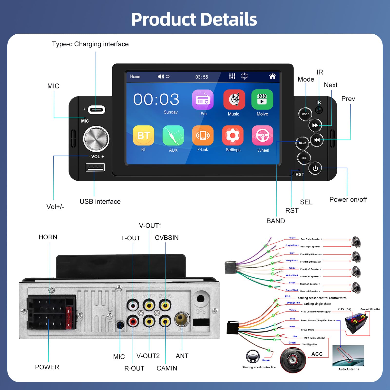 Podofo Autoradio 1 Din con Sistema Vivavoce Bluetooth, Autoradio da 5 Pollici con Schermo, Supporto Ricevitore MP5 FM, Collegamento Specchio, Telecomando, SWC + Telecamera Posteriore e Microfono