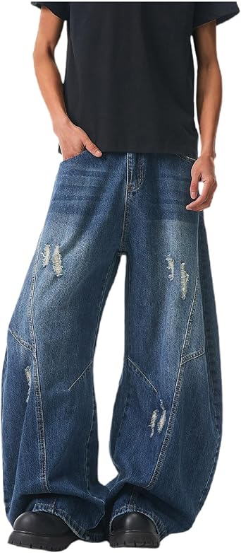 Zeiyignr Mens Irregular Sutures Y2k Hip Hop Baggy Jeans Distressed Wide Leg Denim Pants Casual Loose Fit Trousers Streetwear