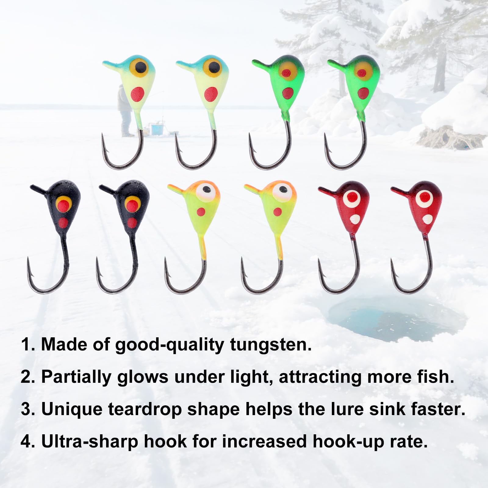 10szt Przynęt Połowu Podlodowego Zestaw, Wolfram w Kształcie Łzy Przynęty do Połowu Podlodowego z Realistycznymi Oczami 3D i Ostrymi Haczykami do Crappie Bluegill Walleye i Okoni Słonecznych