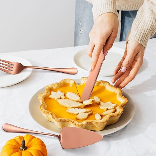 Miniatura 8 de Juego de utensilios de cobre, cubiertos de acero inoxidable de oro rosa, cuchillo para tartas, tenedor y cuchara grande, espátula, catering,