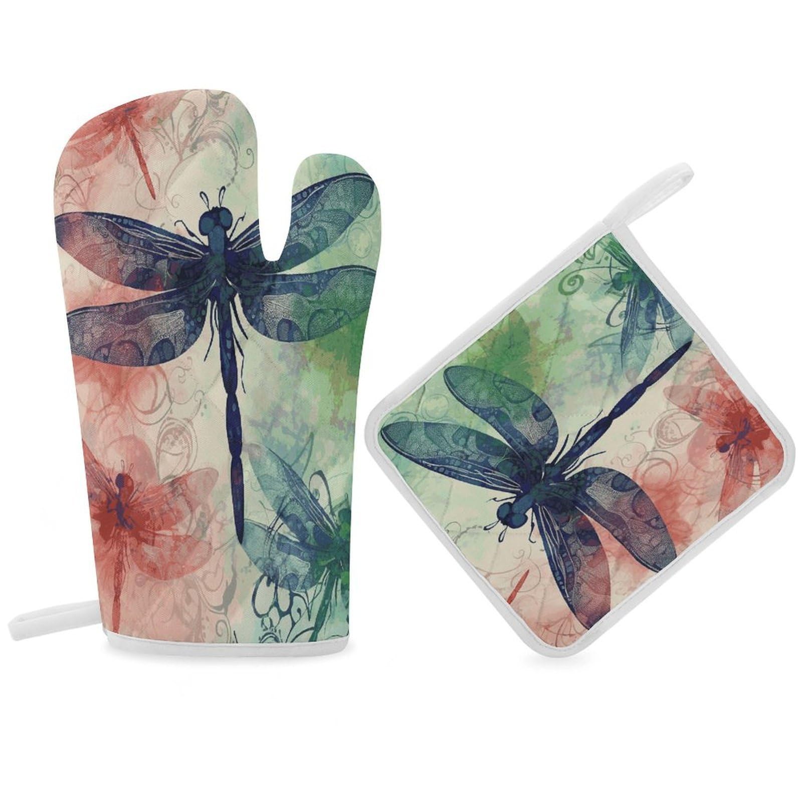 Modern Dragonfly Oven Mitt Thick Substantial Heat Insulation Gloves Soft Skin-Friendly Temperature Resistant Oven Mitts for Cooking Lover Cooks