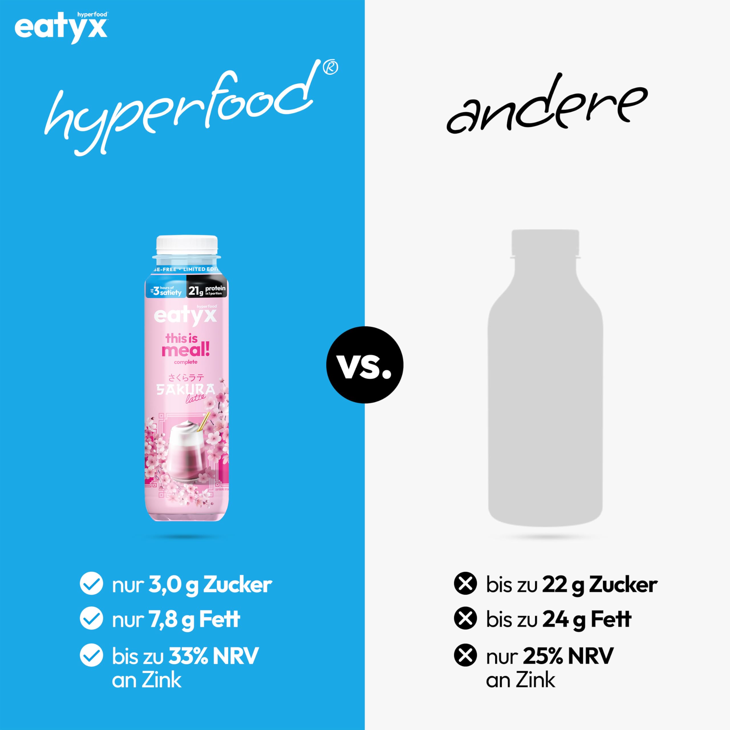 eatyx -Napój odżywczy Sakura Latte 8 x 300 ml - Bez laktozy - 21 g białka, 22 witaminy, 4,8 g błonnika, bezglutenowy - Pełnowartościowy koktajl proteinowy - Zamiennik posiłku w podróży