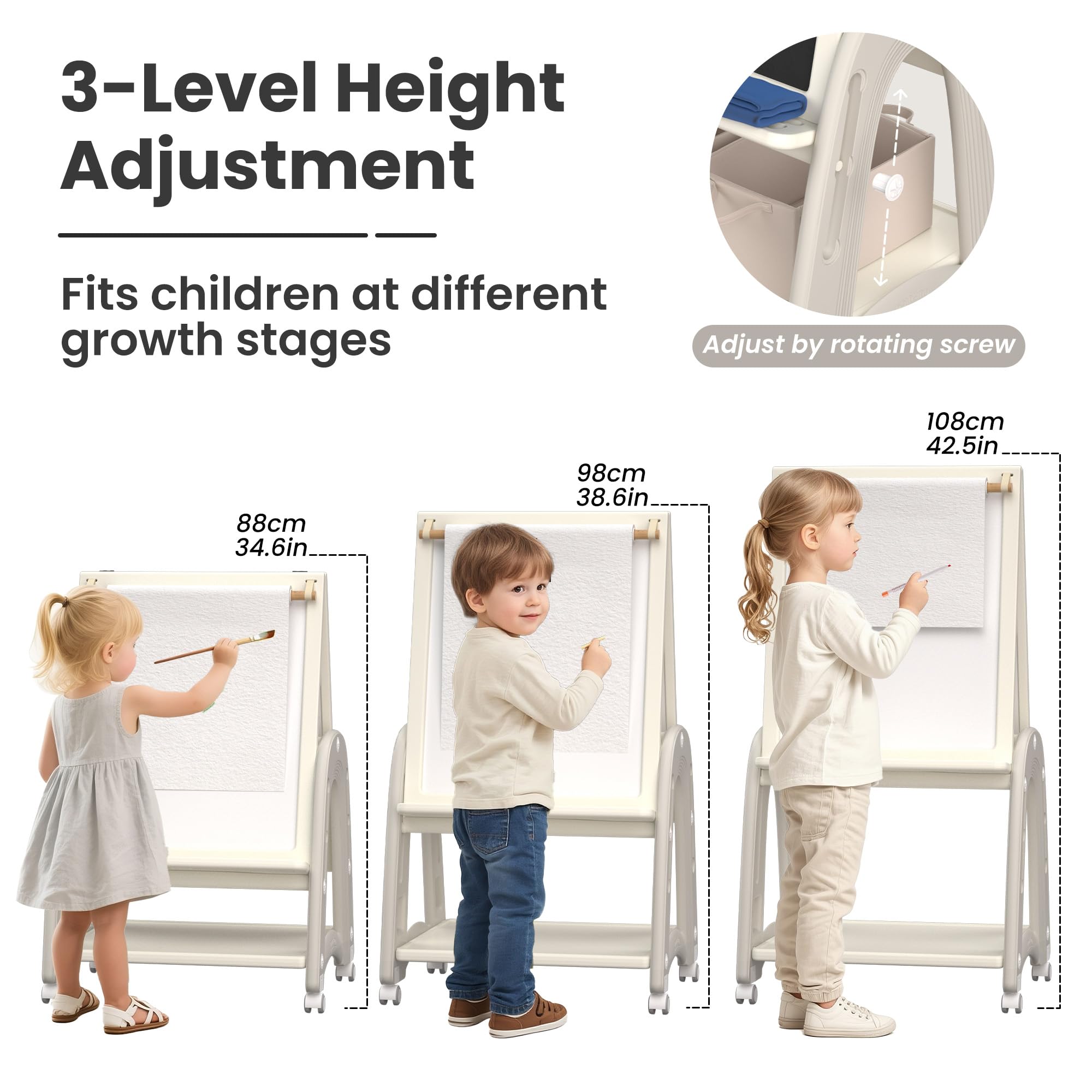 Pizarra Infantil, Caballete para Niños 3 en 1, Caballete de doble cara para niños, Altura Regulable con Rollo de Papel, Cesta de Almacenamiento y Accesorios de Pintura, Blanco