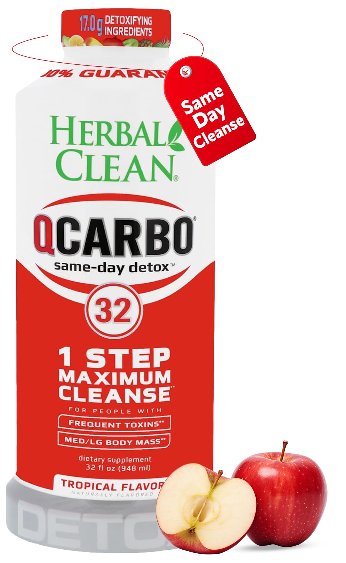 Herbal Clean Qcarbo32 Same-Day Detox Cleanse Drink (32 fl oz) - Tropical Flavor Full Body Cleanse* Detox Drink for Moderate Toxin Level*, Vitamin B2 and Vitamin B12 for Men & Women