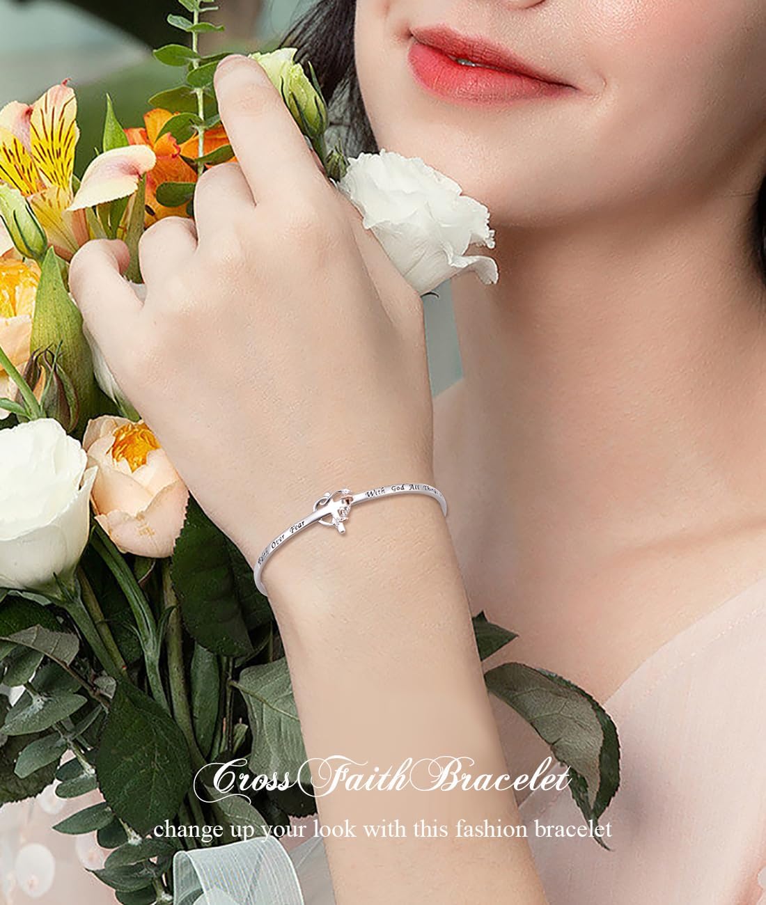 Ladytree Cross Cuff Bracelet for Women Faith over Fear Bangle 925 Sterling Silver with God All Things are Possible Christian Confirmation Jewelry Gift - Image 2