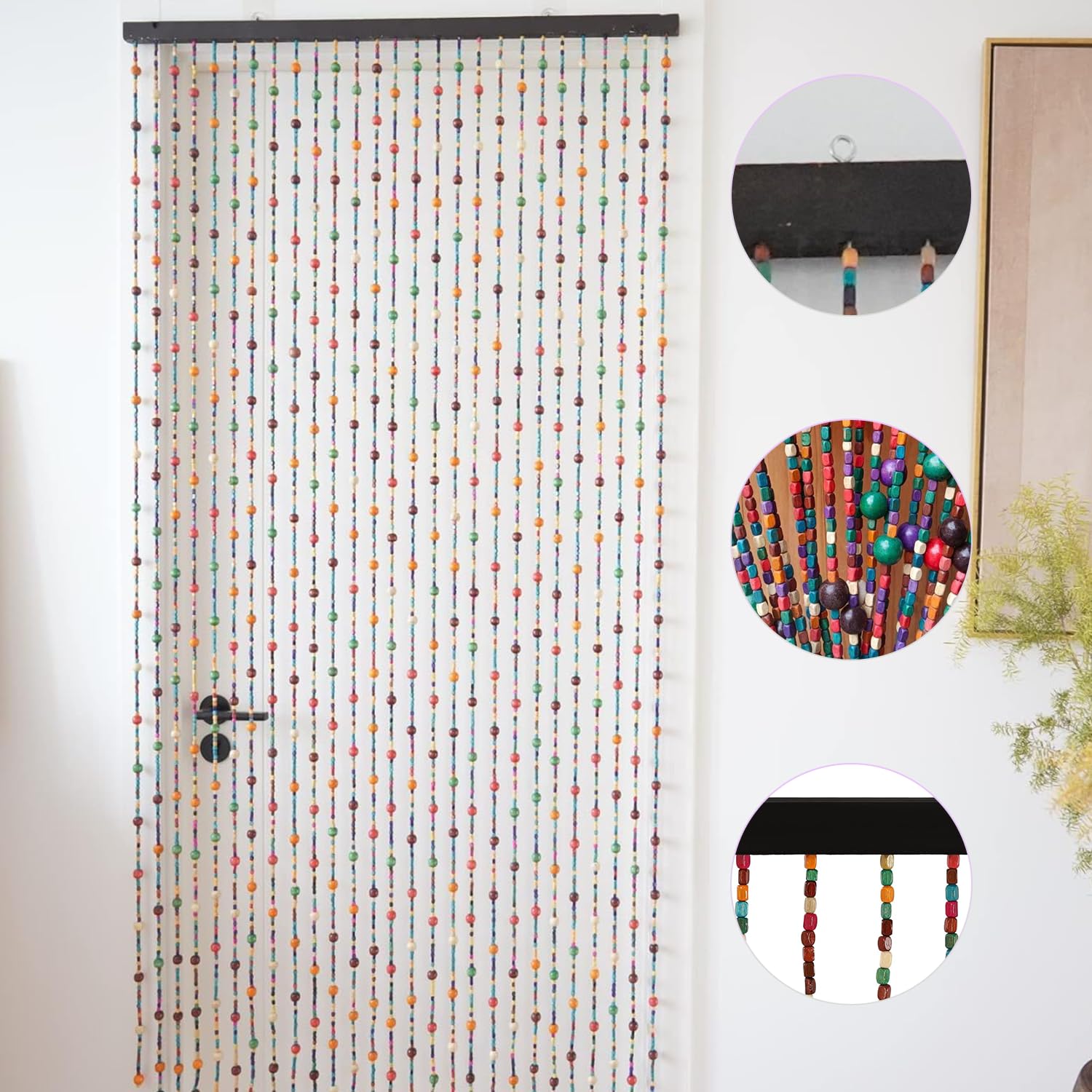 Bambus Perlenvorhang, 27 Stränge Boho Perlenvorhang, hängender Bambus Holzperlenvorhang, Retro, handgefertigt für Türen als Dekoration und Insektenschutz