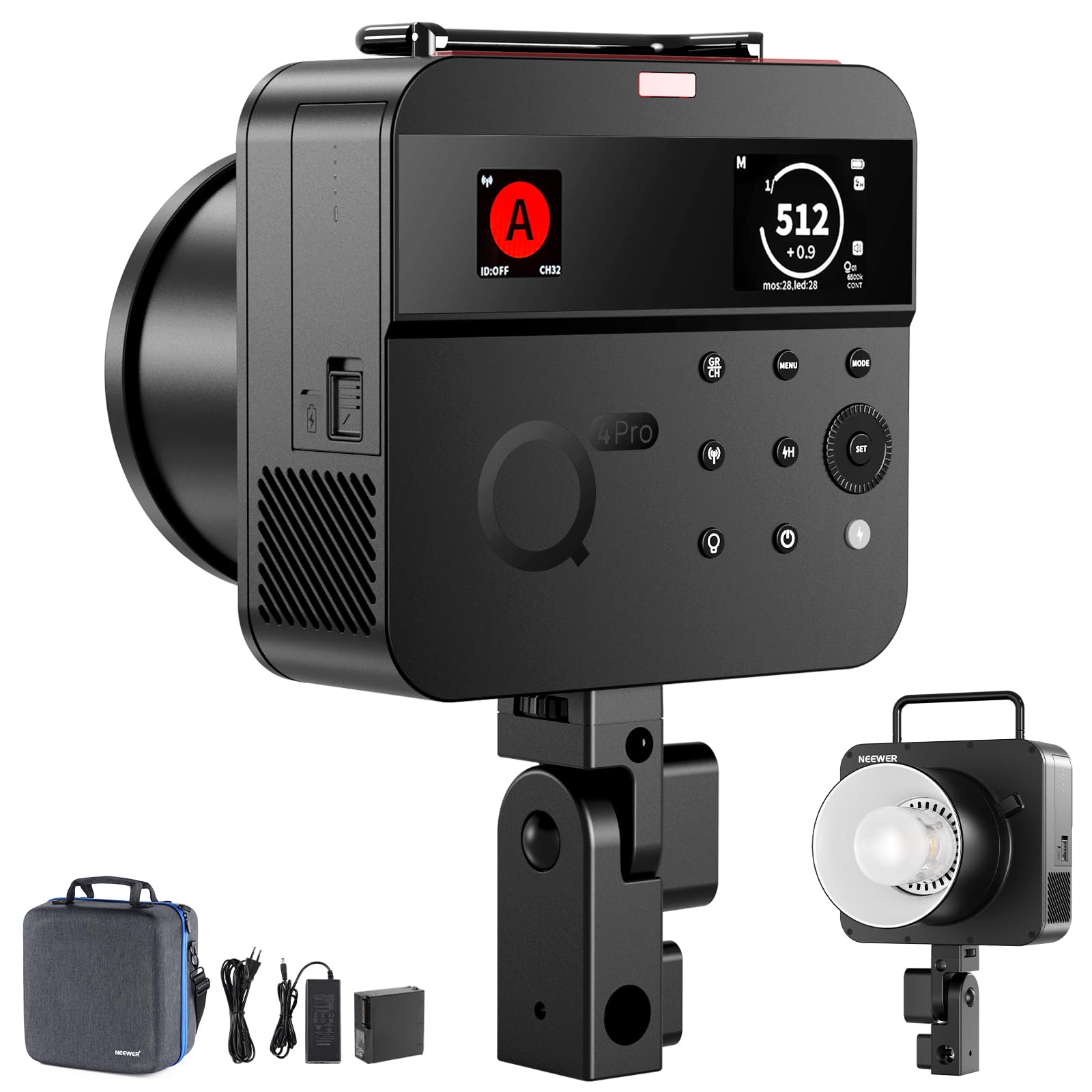 NEEWER Q4PRO 400W 2,4G TTL Outdoor Studio Flaschenstrobe, kompatibel mit Godox, APP Control Licht, 1/8000 HSS 6000K 2800mAh Dual Screen Monolight Bowens Montage/0,01–1,2 s Recycle/30W Modellierlampe