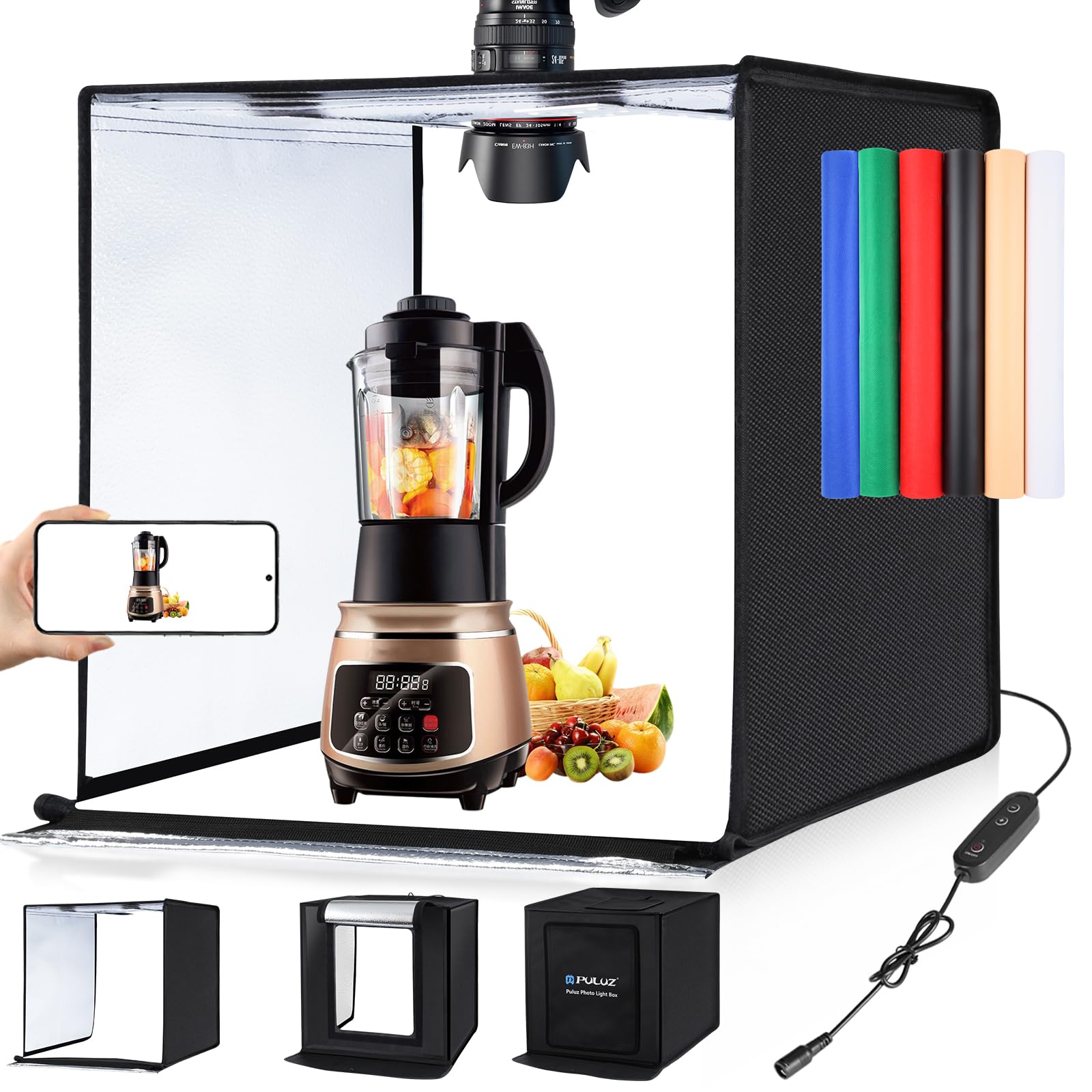 PULUZ Large Photography Light Box, 24x24 inches Photography Light Tent, 60cm x 60cm Photo Studio for Big Product, Portable Photo Booth with 2 Light Board＆ 6 Color backdrops, 5500K Lighting, US Plug