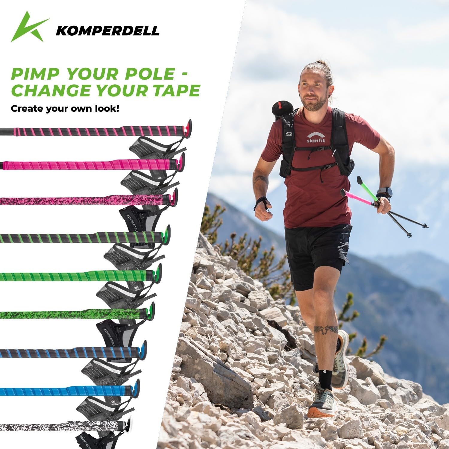 Komperdell FXP Carbon Ultra - Bastone pieghevole da trekking, 45 cm, colore verde e rosa, misura 125 cm, ultraleggero