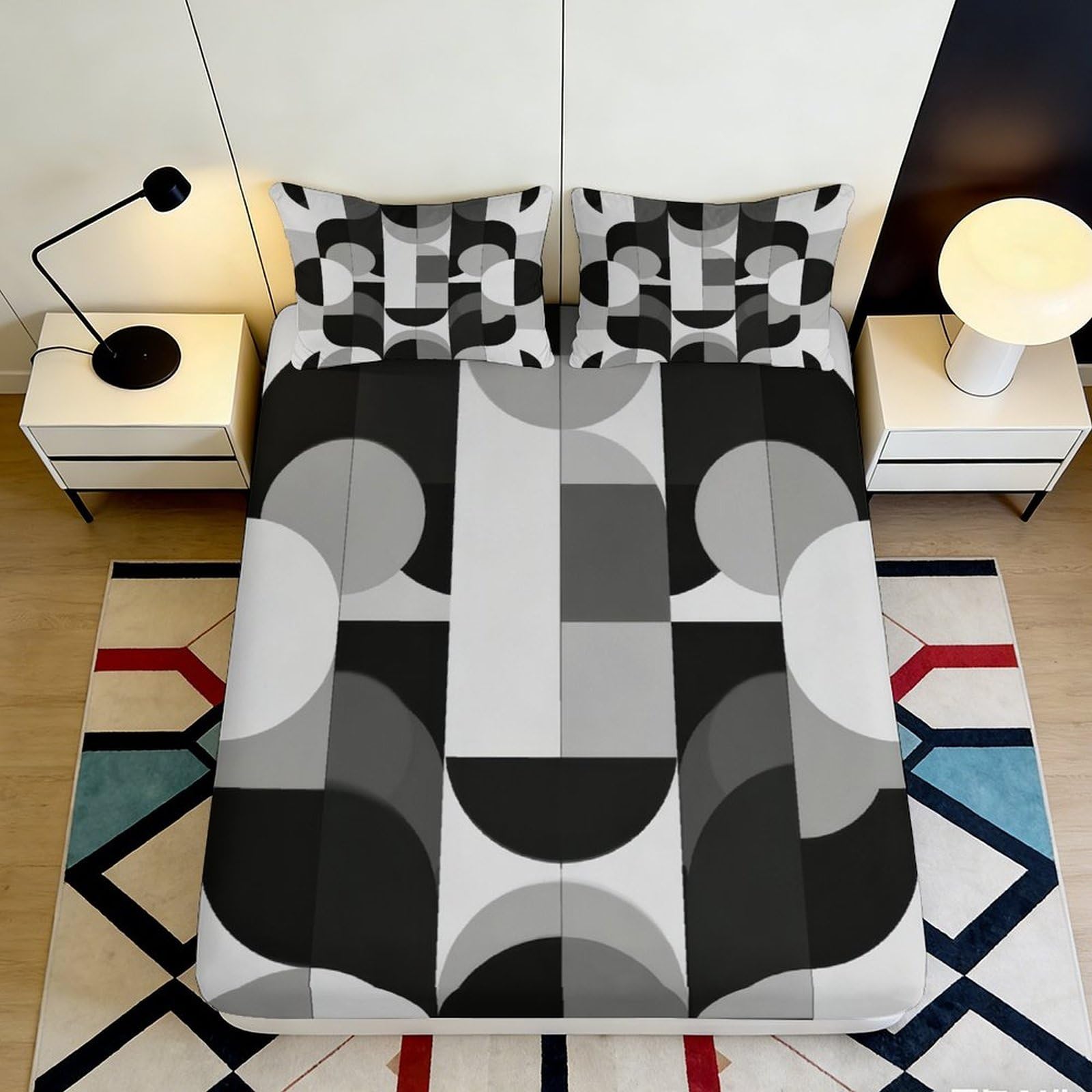 3D Printed Geometric Pattern Fitted Sheet Microfiber Soft Breathable Abstract Circles Bed Cover for Bedroom Dormitory Guest Room Mattress Protection 90x200x25cm