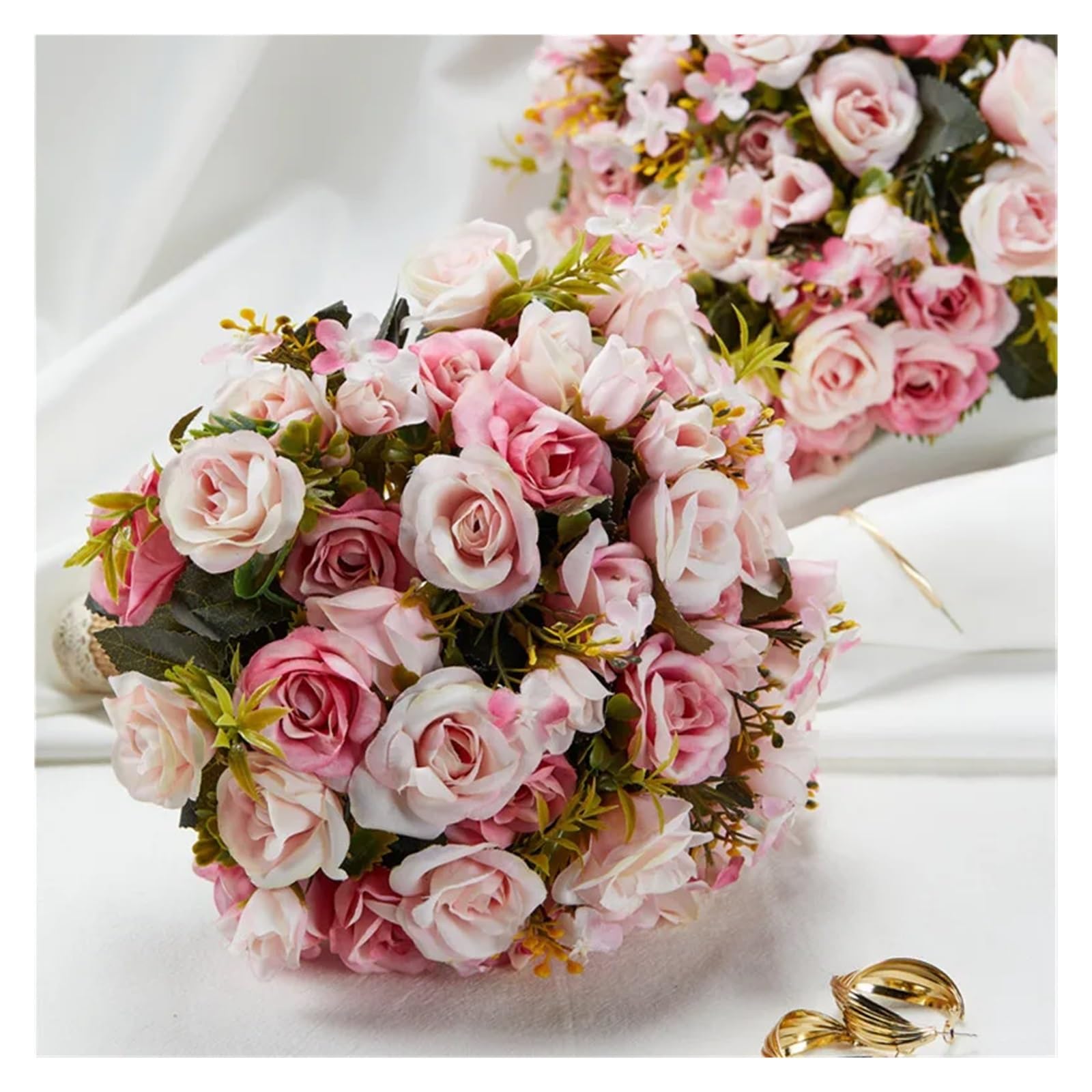 Pink Wedding Bouquet Bride Bridesmaid Holding Flowers Silk Ribbon Roses Artificial Flower Accessories(White pink)