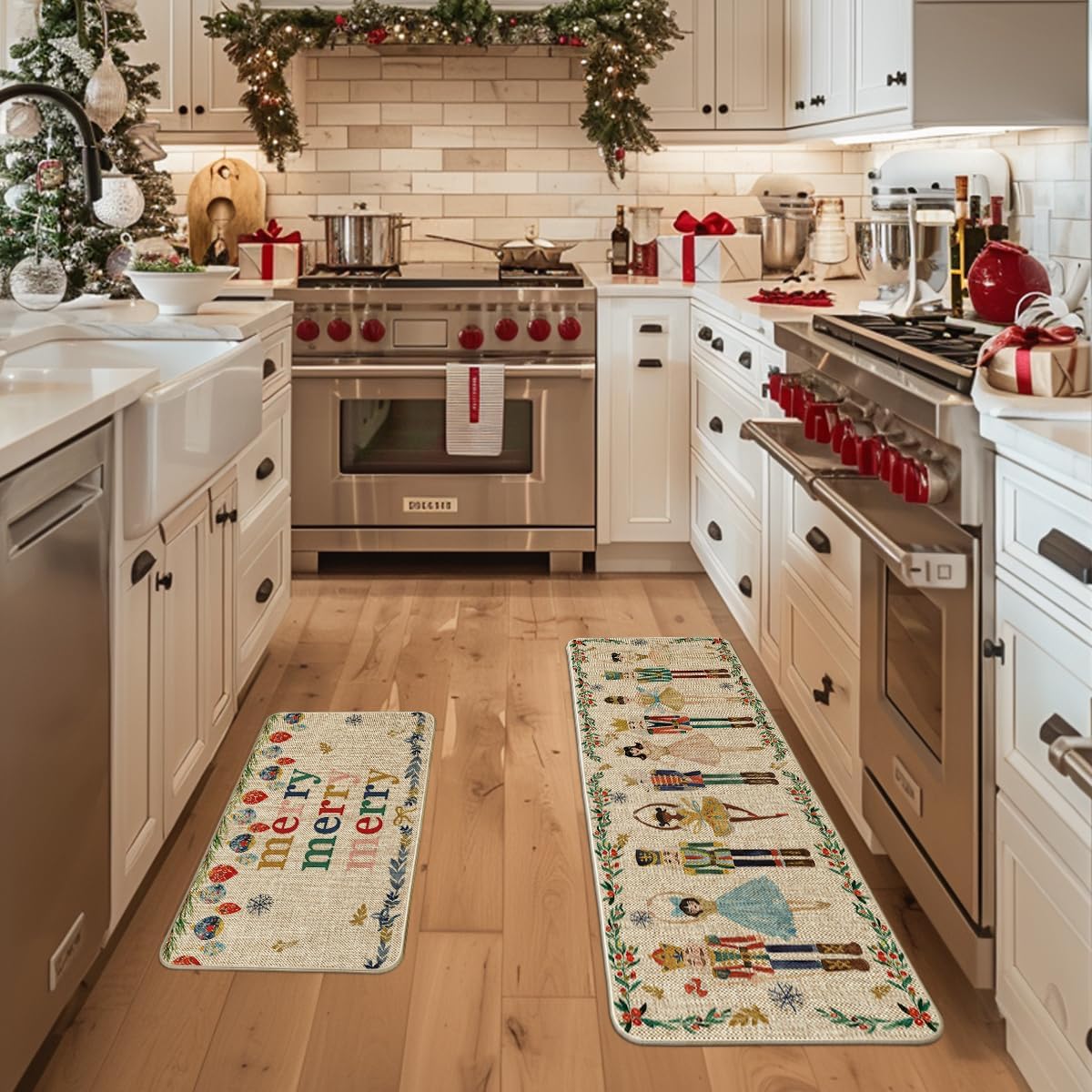 Artoid Mode Watercolor Nutcrackers Merry Christmas Decorative Kitchen Mats Set of 2, Home Party Low-Profile Kitchen Rugs - 17x29 and 17x47 Inch