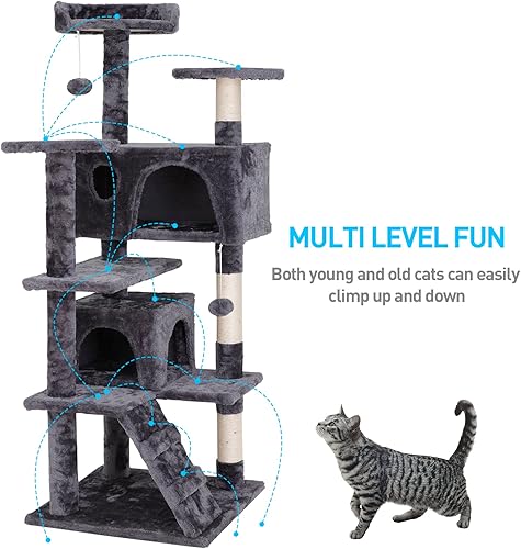 Miniatura 6 de Epetlover Árbol para gatos de 54 pulgadas, torre de condominio, muebles de cama, casa de juegos para gatitos con postes rascadores, gris oscuro