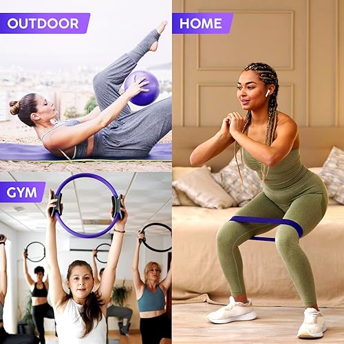 Miniatura 5 de Juego de anillos de pilates y bolas, kit de pilates para el hogar con anillo de ejercicio de 14 pulgadas, 4 bandas de resistencia