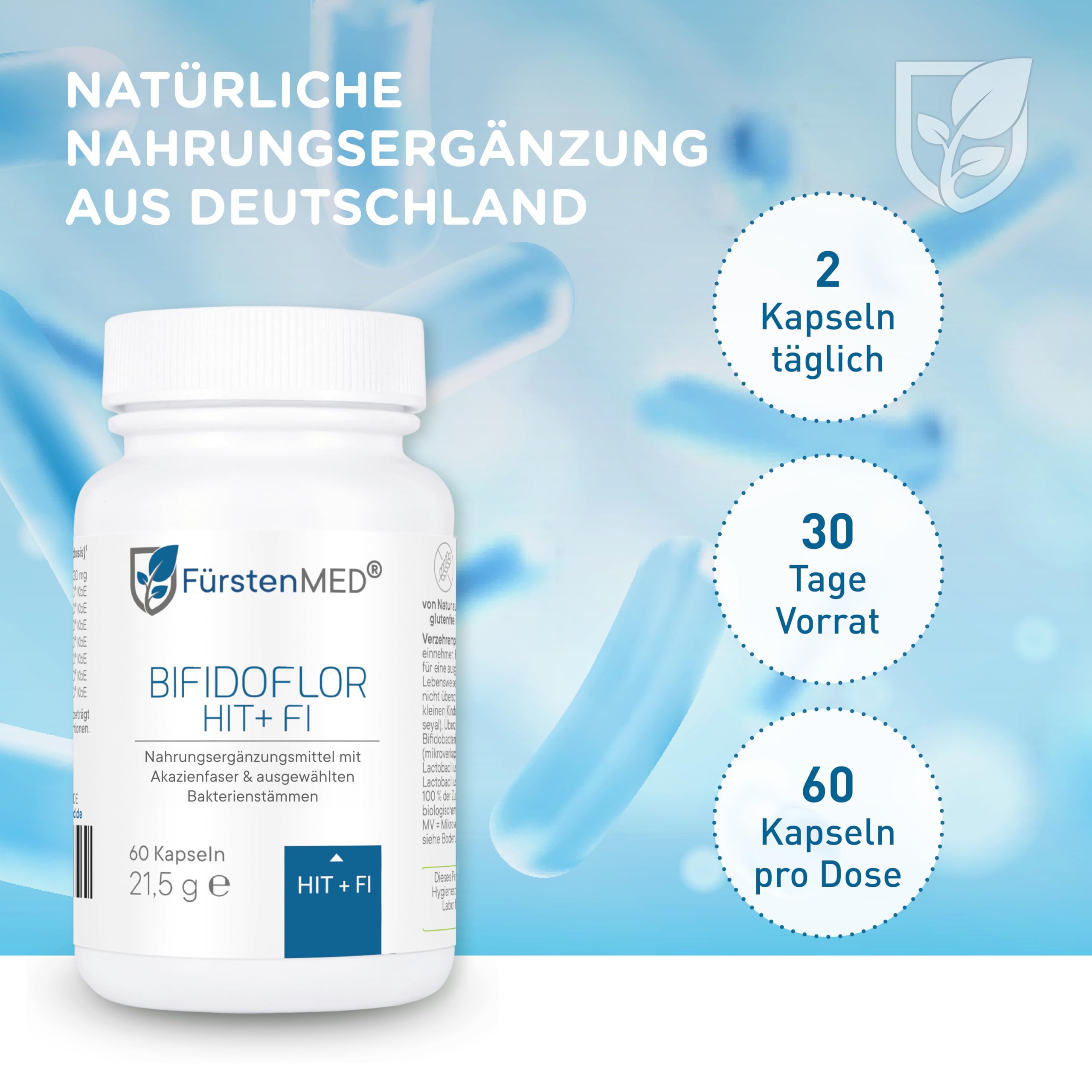 FürstenMED® Bifidoflor HIT + FI mit Bifidobacterium & Lactobacillus Stämmen und Akazienfaser – 60 magensaftresistente Kapseln – Vegan, Laborgeprüft, Made in Germany