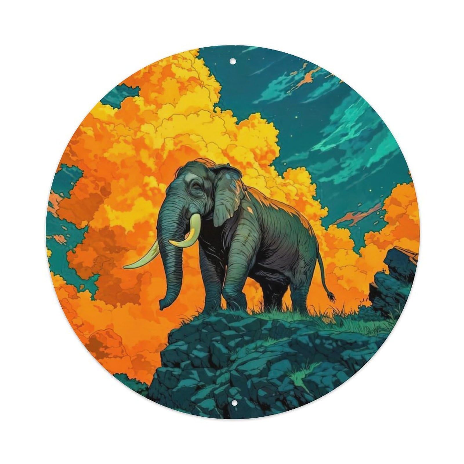 African Elephant Serene Sunset Cosmic Sky Illustration Vintage Metal Tin Sign Plaque Wall Decor for Cafe, Club Bar, Office, Garden Metal Poster 8x8Inch