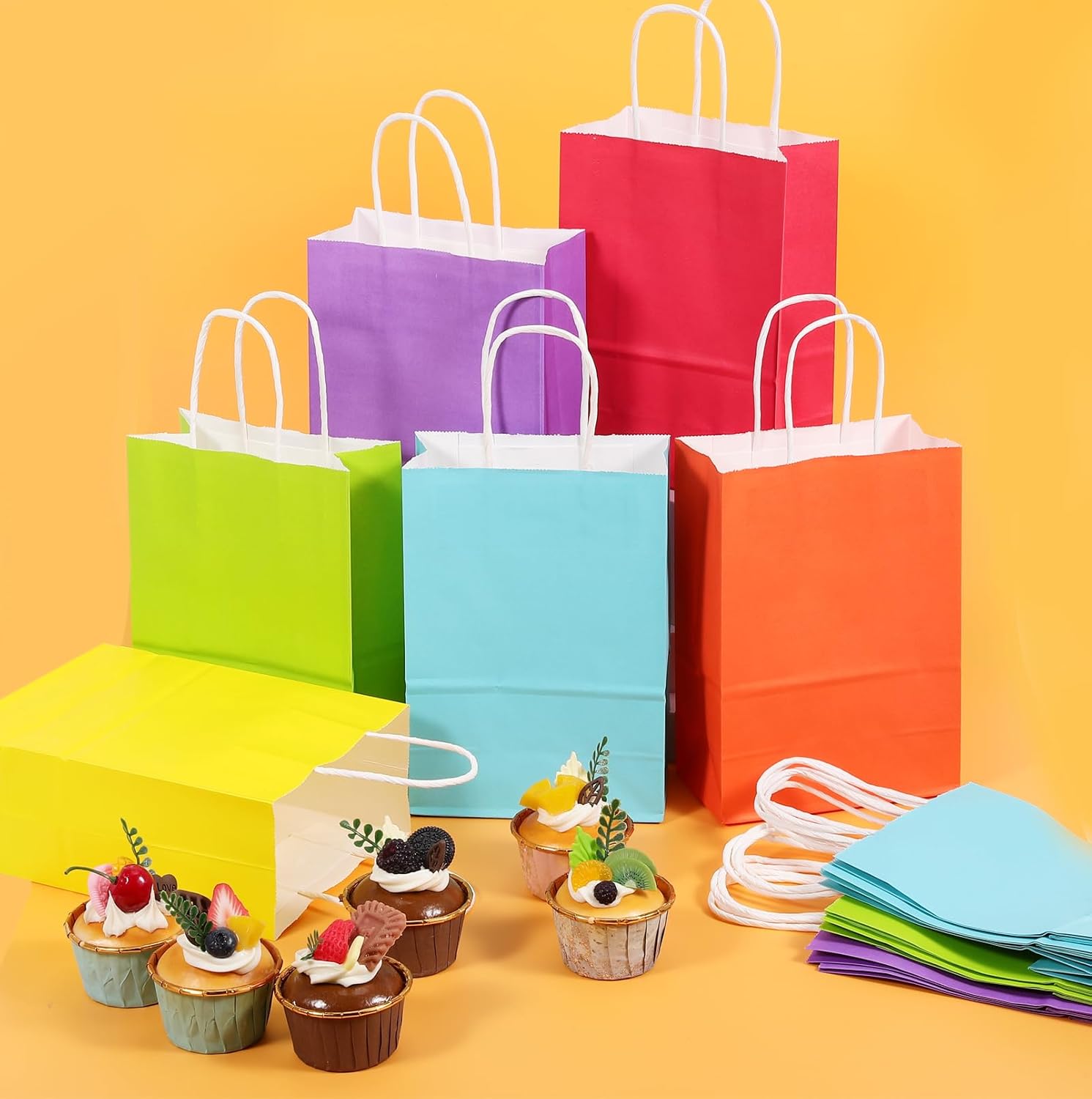 Dyrfolm 100 Pack Paper Gift Bags, Kraft Paper Party Favor Bags with Handles, Assorted Colors Gift bags with Handles, Small Goodie Bags for Kids Birthday Wedding Parties (6 Colors, 5.9"3.15"8.2") - Image 6