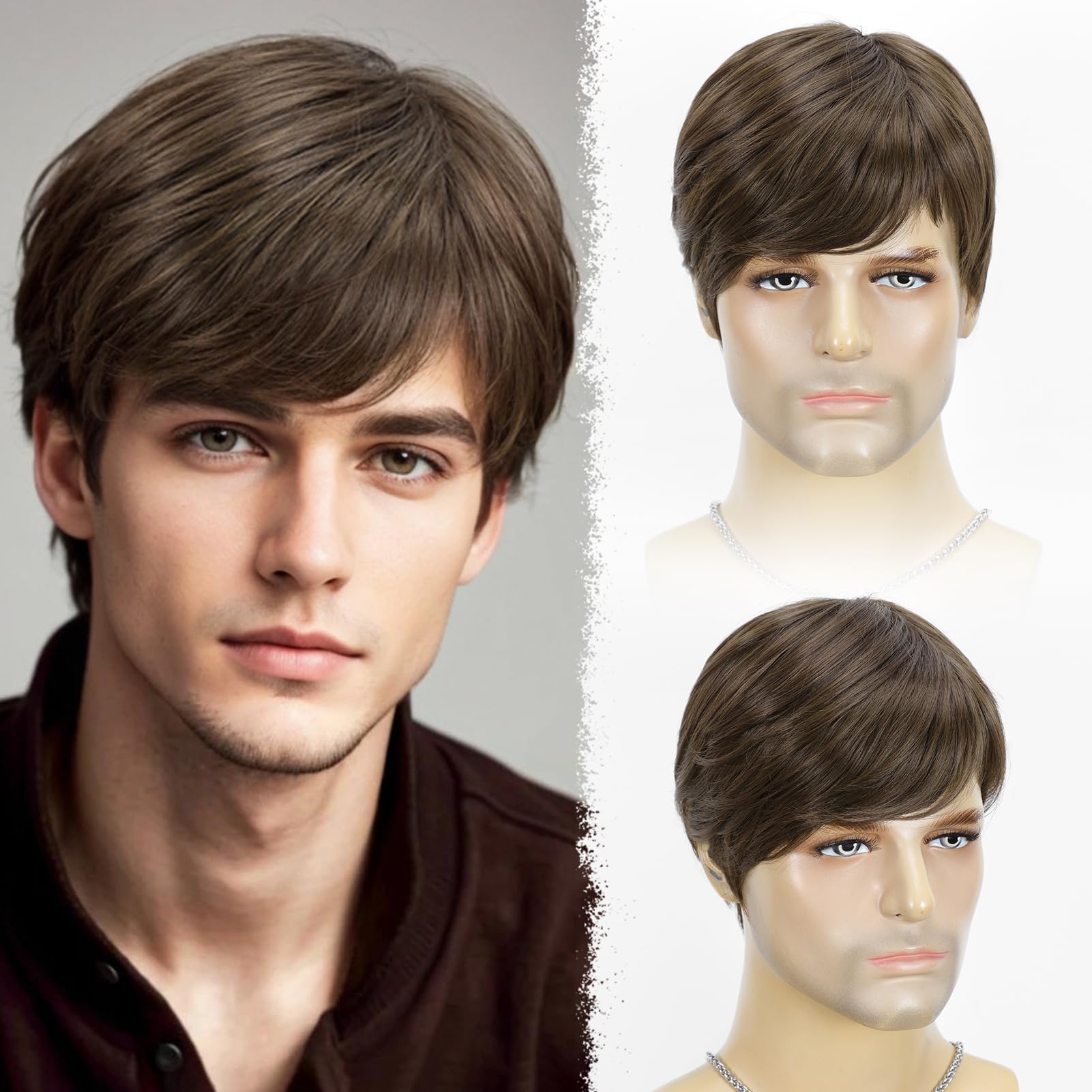Mens Short Brown Wig Realistic Natural Male Side Part Wig Synthetic Heat Resistant Natural Halloween Cosplay Hair