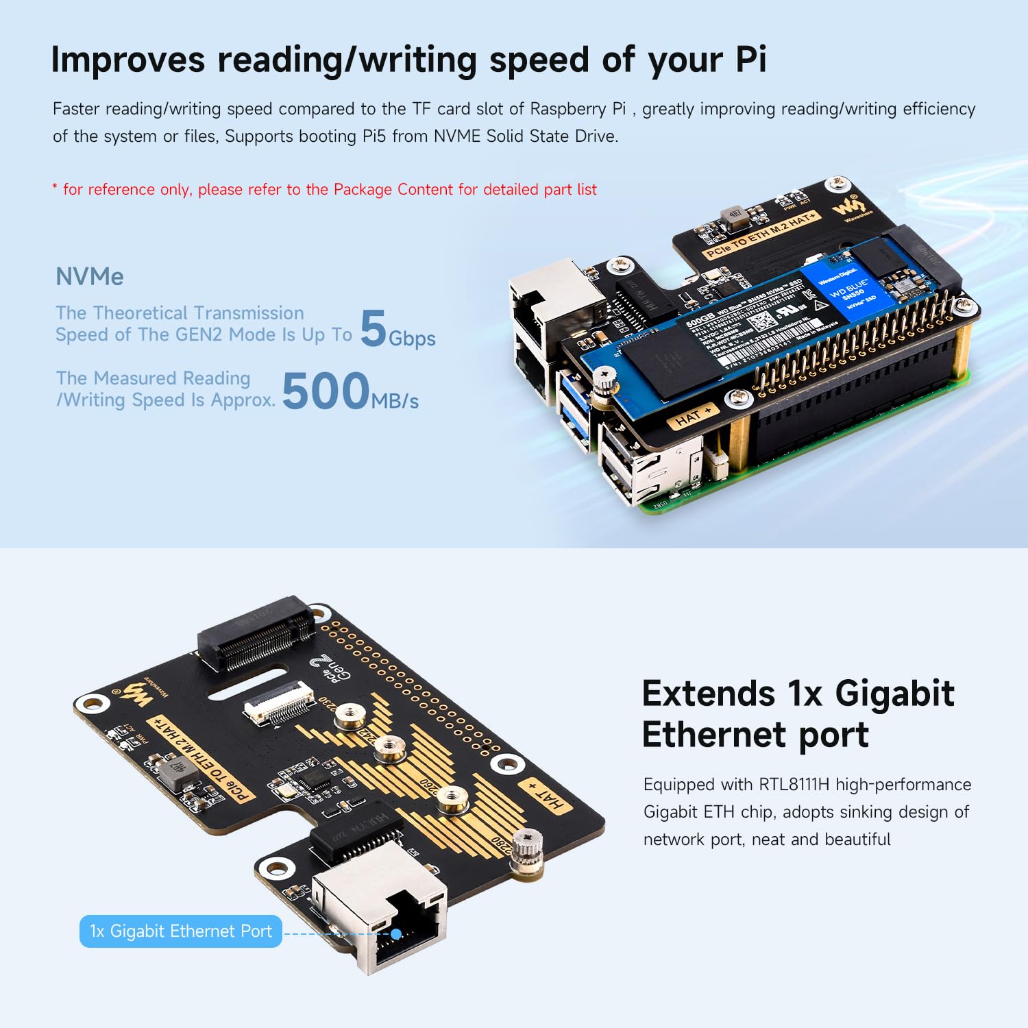 Waveshare PCIe To ETH And M.2 Adapter For Raspberry Pi 5, Plug and Play, Compatible With 2280/2260 / 2242/2230 Size NVMe Protocol M2SSD, 5Gbps Data Rate, High-Speed Reading/Writing, Pi5 NVMe HAT