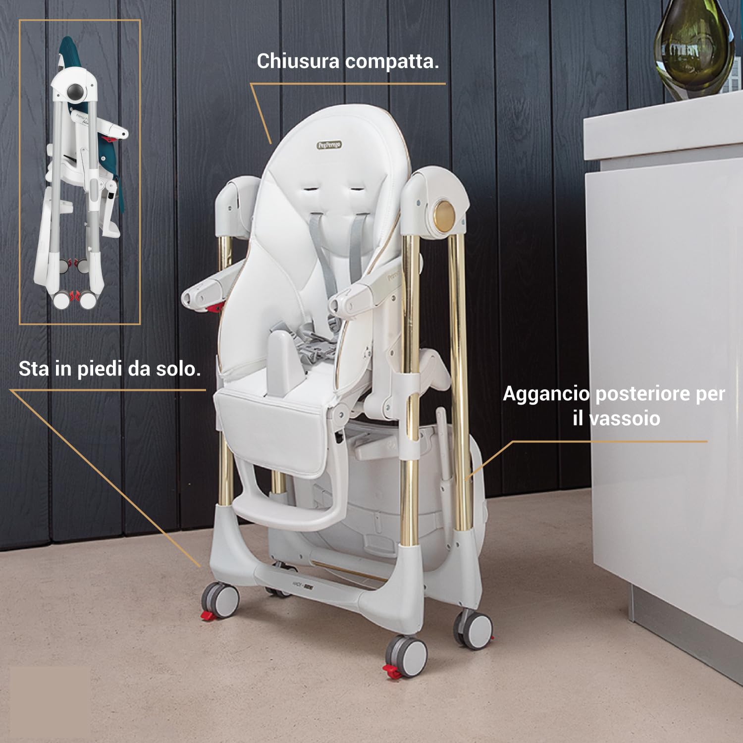 Peg Perego Prima Pappa Follow Me Seggiolone Pappa Neonati Reclinabile, Funzione Sdraietta, 4 ruote, Pieghevole e Ultracompatto, per Bambini da 0 a 3 Anni (0-15 kg), Petrolio