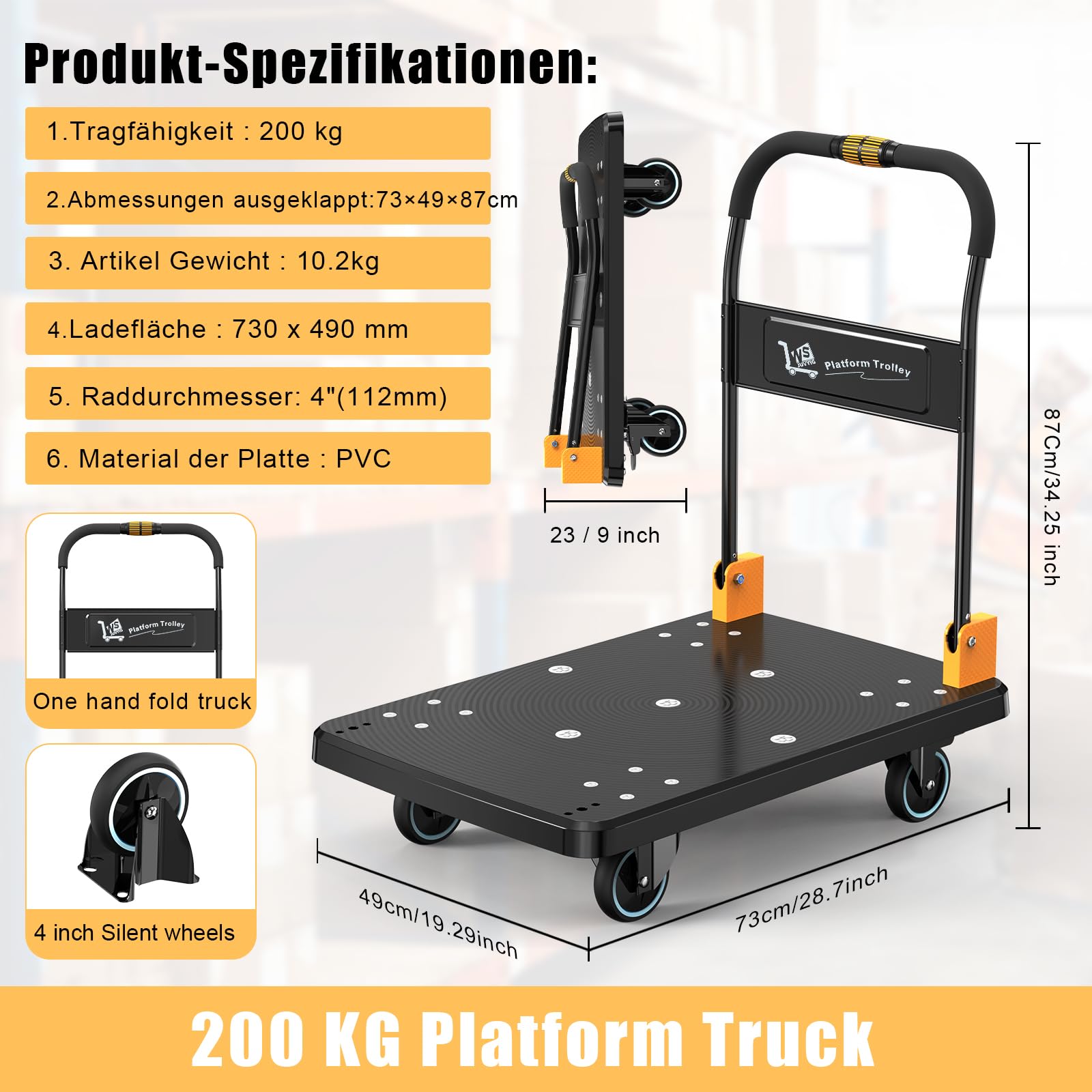 N&S Juvyig - Carrello pieghevole con una sola mano, pieghevole 200 kg