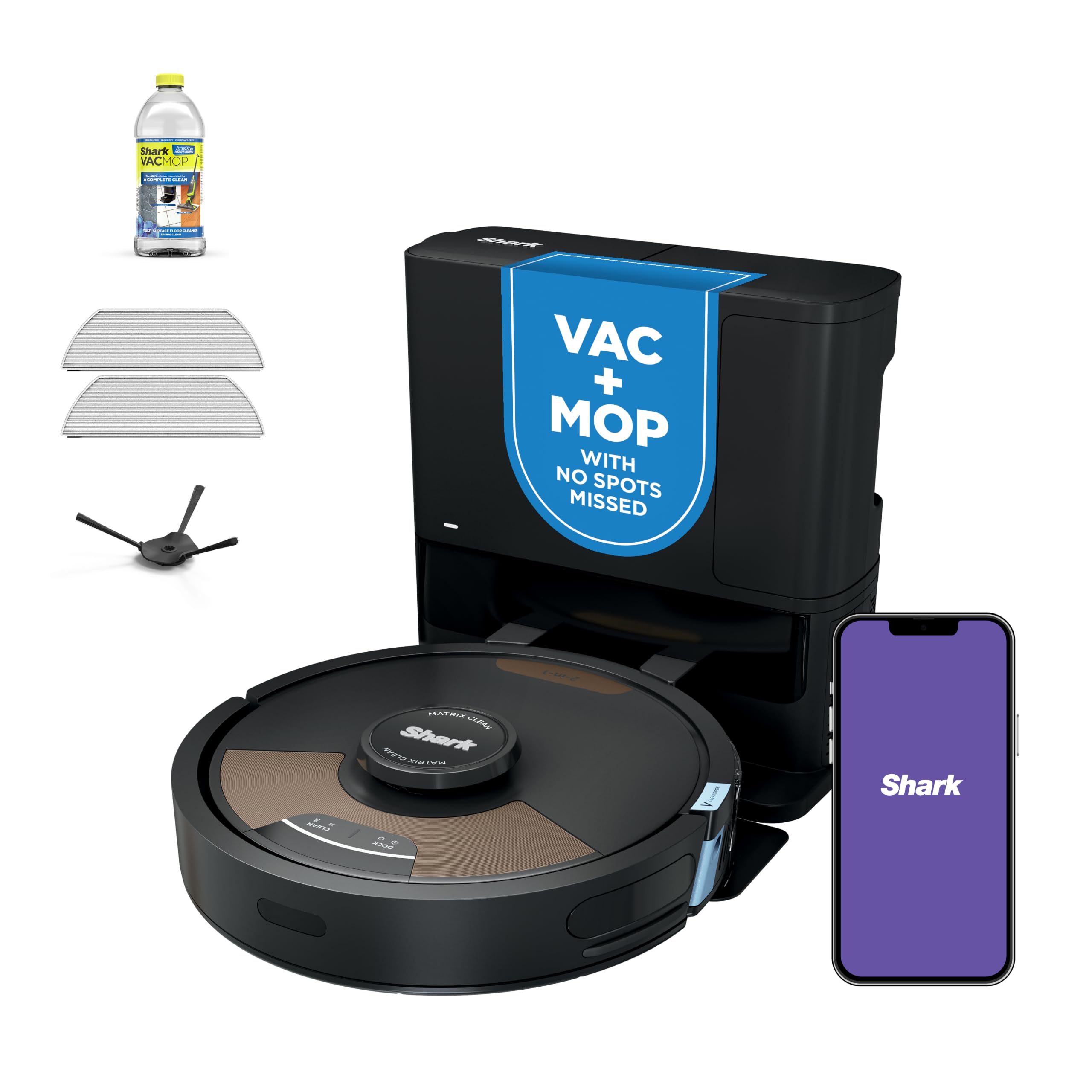 Shark Matrix Plus 2in1 Robot Vacuum & Mop with Sonic Mopping, Matrix Clean, Home Mapping, HEPA Bagless Self Empty Base, CleanEdge, for Pet Hair, WiFi, Black/Brass, AV2620WA