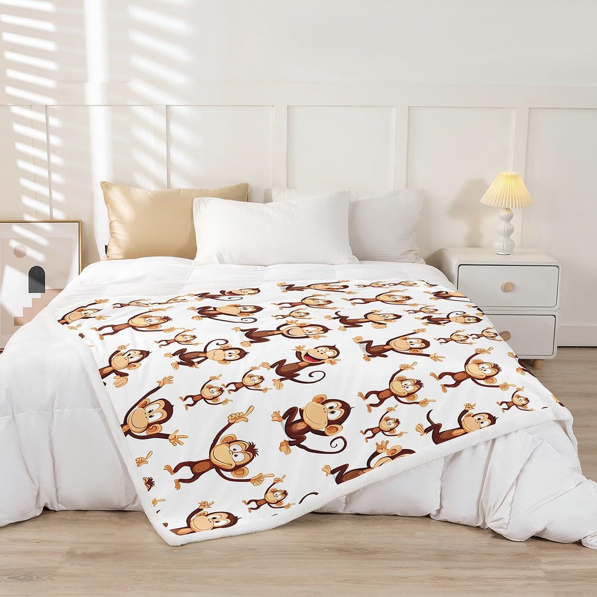 Feelyou Monkey Sherpa Blanket Cartoon Animal Pattern Throw Blanket Cute Monkey Plush Blankets and Throws for Kids Boys Girls 50" x 60" - Image 2