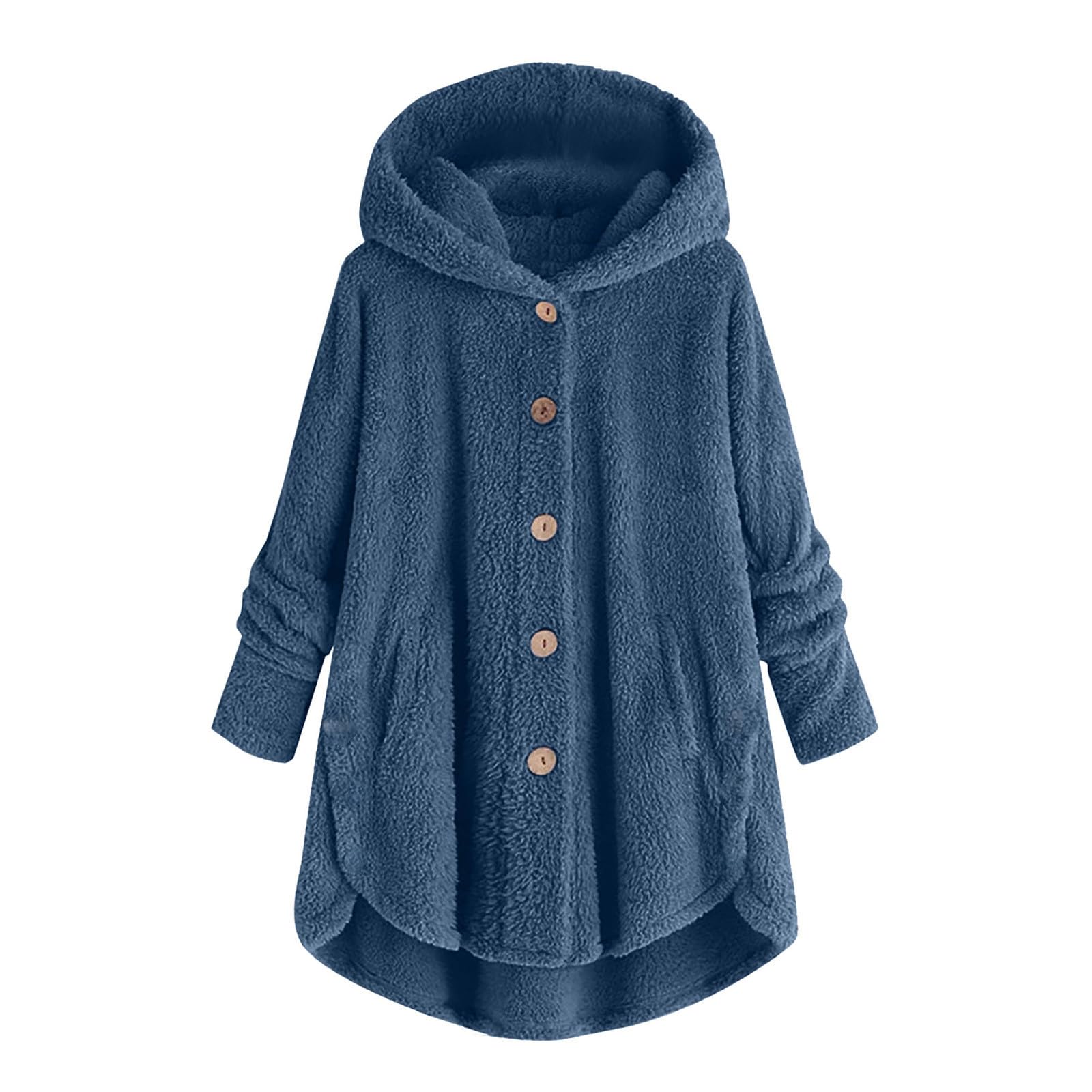 Fuzzy Fleece Jacket for Women Cozy Hooded Fluffy Sherpa Sweatshirt Pullover Plus Size Button Comfy Coats Outerwear Bluea2- 3X-Large