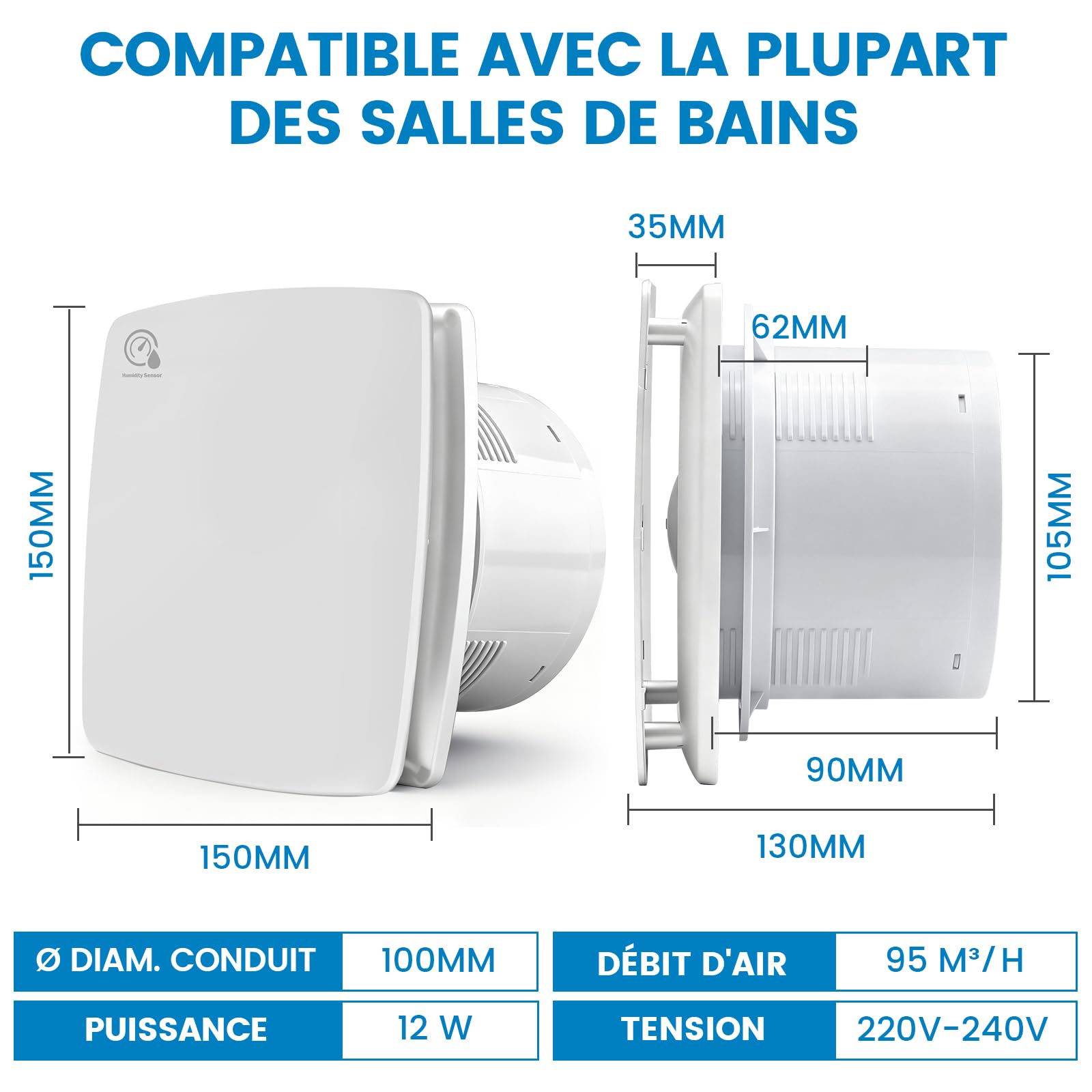 XIIW 100mm Extracteur d'Air VMC Salle de Bain Hygroréglable et Minuterie | 12W 95m³/h 34dB IPX4, Clapet Anti-Retour, Silencieux Ventilateur Salle de Bain, Cave WC et Cuisine, Mural& Plafond, Blanc