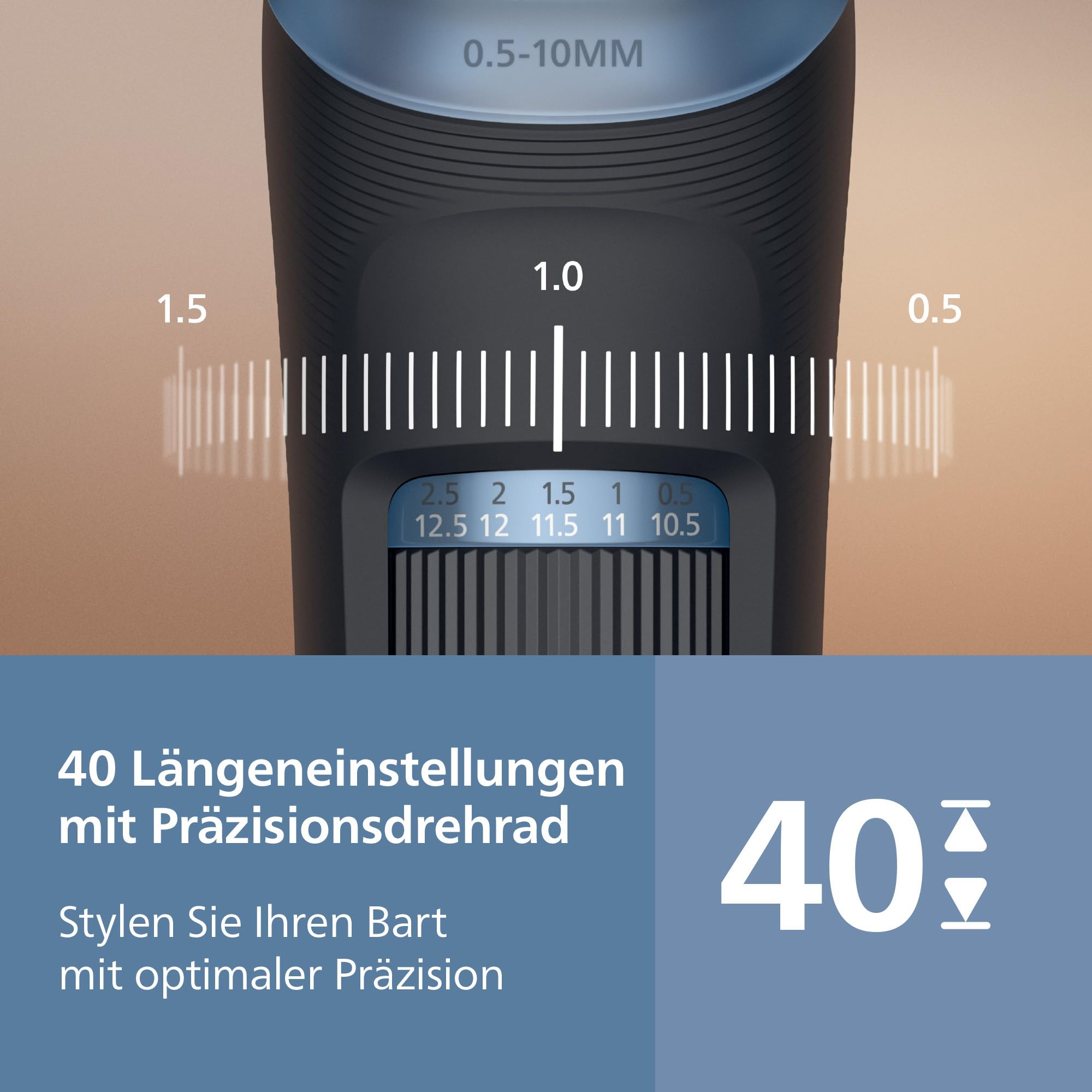 Philips Bartschneider 3000er-Serie – selbstschärfende Metallklingen, 40 Längeneinstellungen, Lift&Trim-Kamm, 100% wasserdicht, Akkuanzeige, USB-Ladegerät, Modell BT3660/15