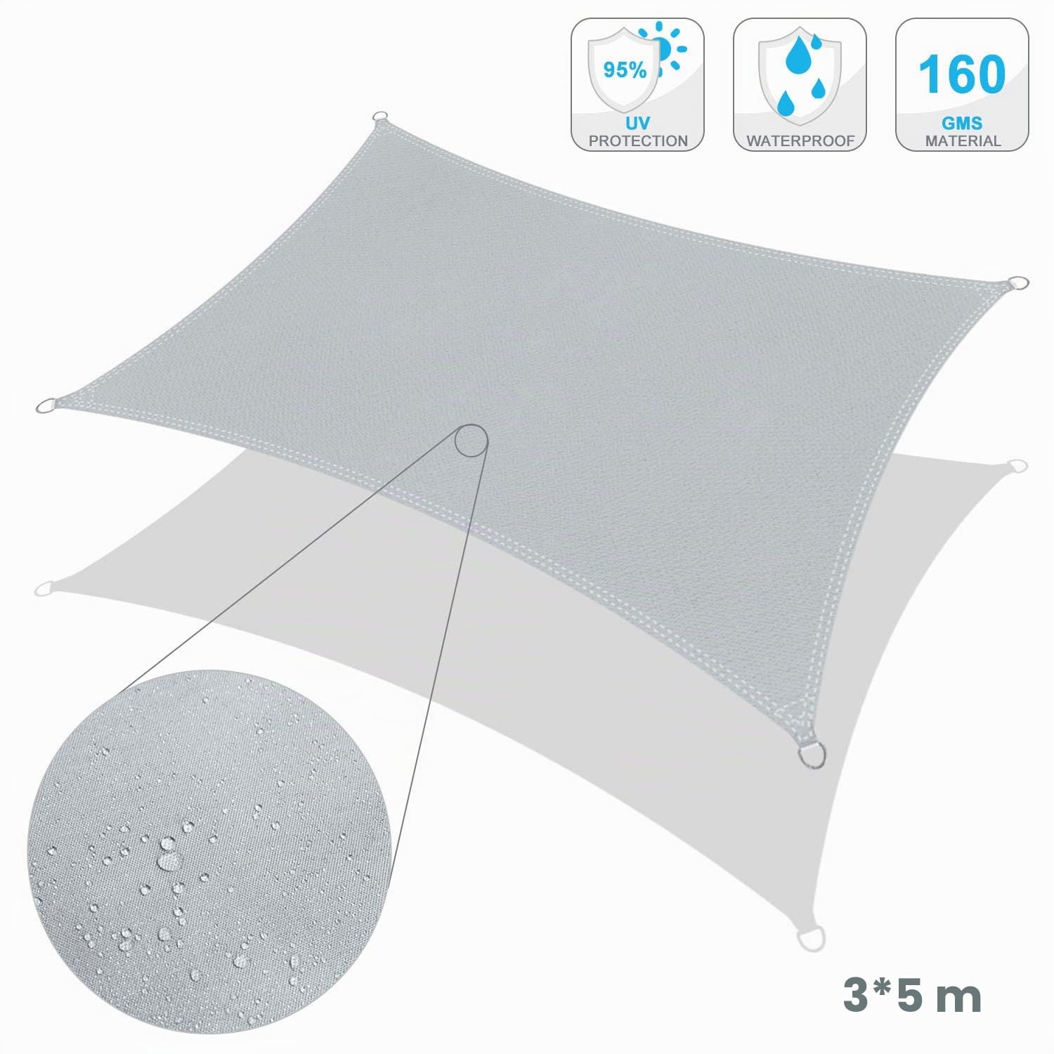Voile d ombrage, Voile d'ombrage, Protection des Rayons UV et Tissu Imperméable, Voile d'ombrage pour Extérieur/Terrasse/Jardin (Gris, 3X5M)