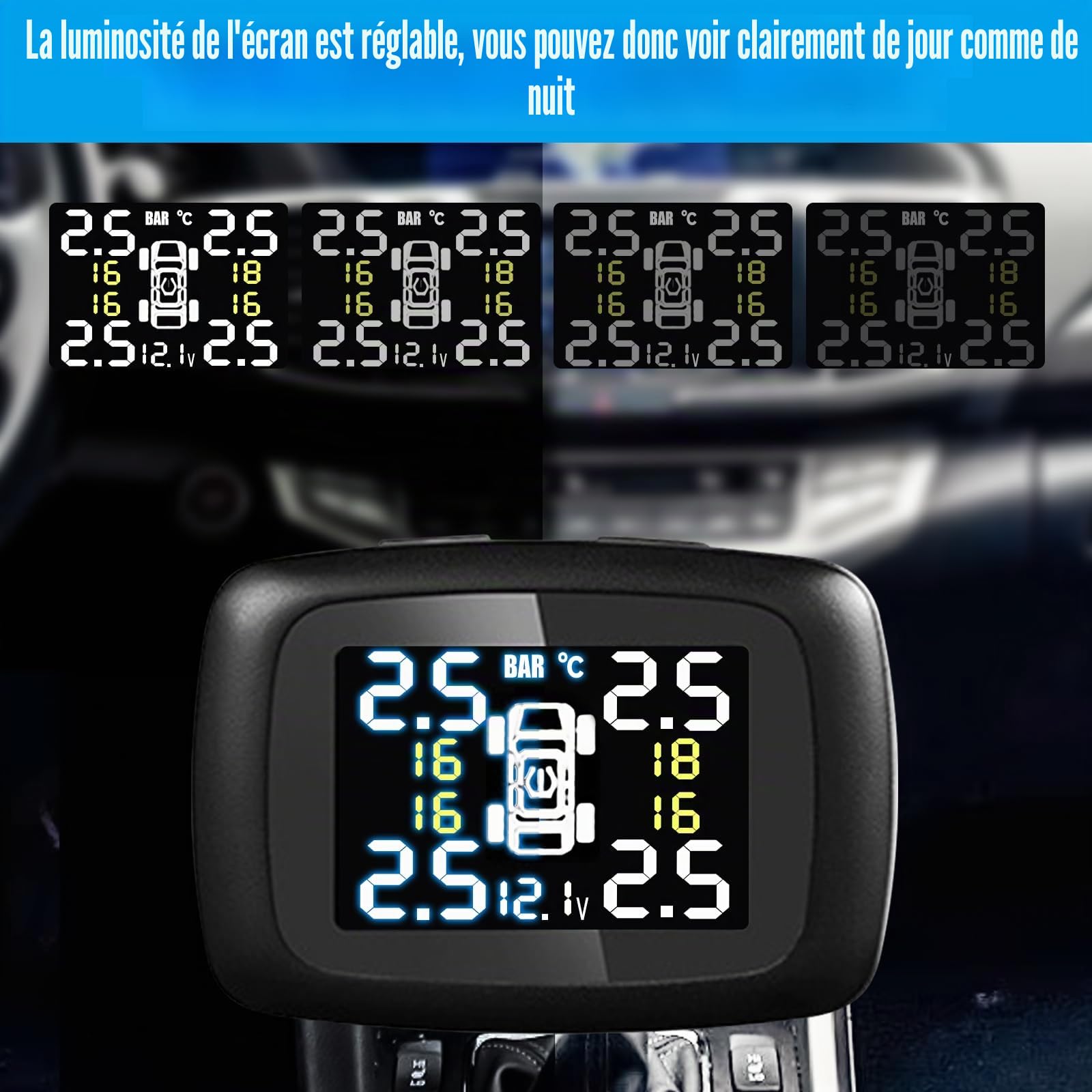 Système de surveillance de pression des pneus, système de pression des pneus TPMS sans fil pour voiture, 6 modes d'alarme, luminosité de l'écran et angle de moniteur réglables pour camping-car, SUV