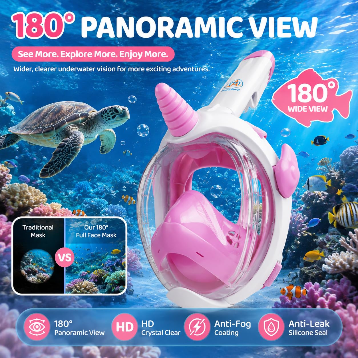 Maschera da snorkeling per bambini, set completo con boccaglio a forma di unicorno, con vista panoramica a 180°, anti-appannamento, anti-perdite, idea regalo per ragazzi e ragazze