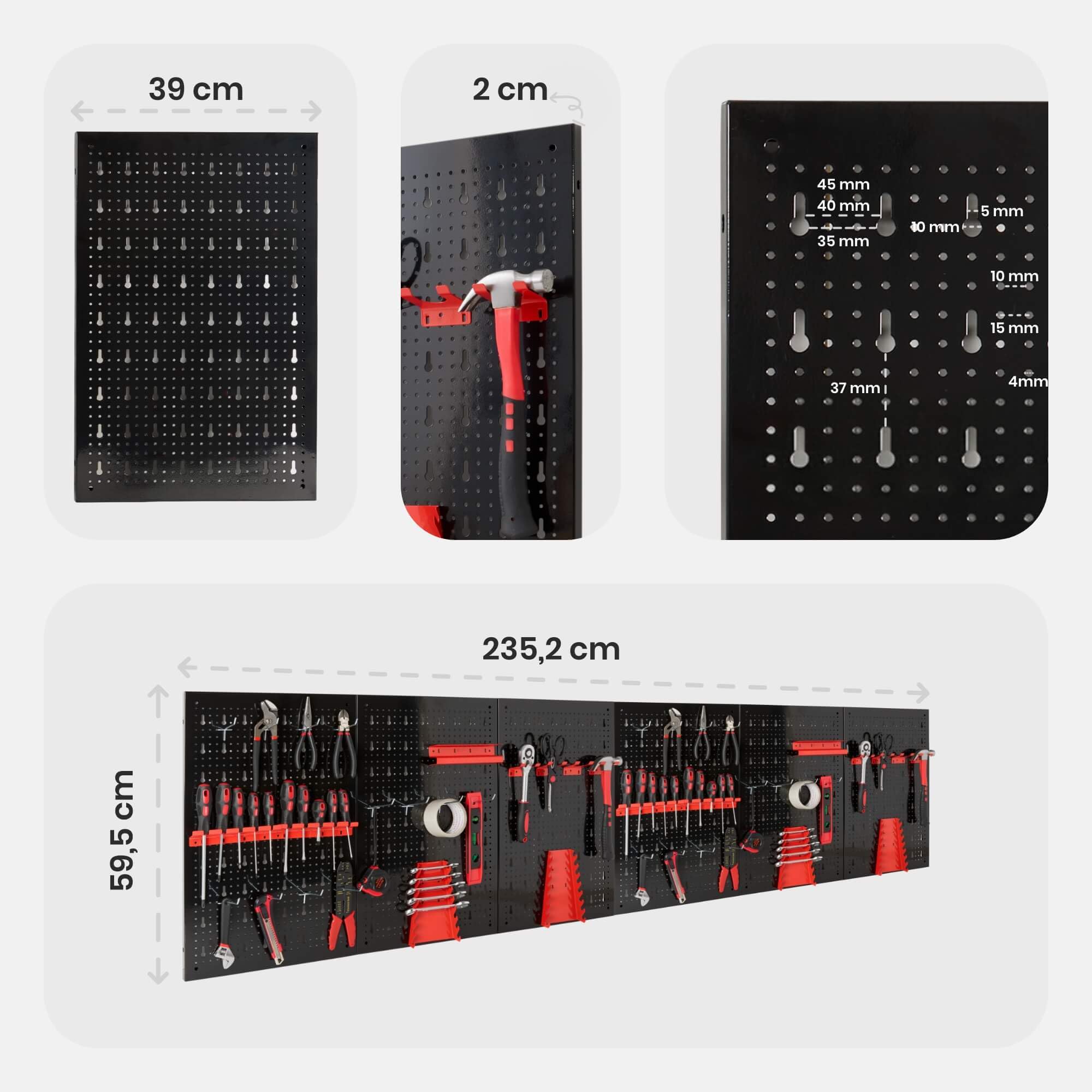 Arebos Panel Portaherramientas de Pared 6 Piezas | Kit con 34 Ganchos | 235,2x59,5 cm | Panel Perforado Metálico para Taller | Soportes para Herramientas | Incluye Material de Montaje | Rojo