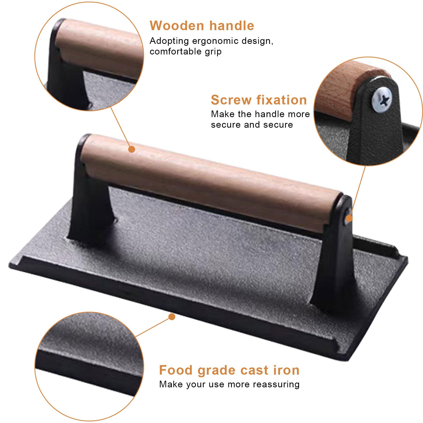Heavy Duty Burger Press, 8.2"X4.3" Rectangle Cast Iron Smash Meat Steak with Wood Handle for Flat Top Griddle Grills, Sandwich, Nonstick Pan