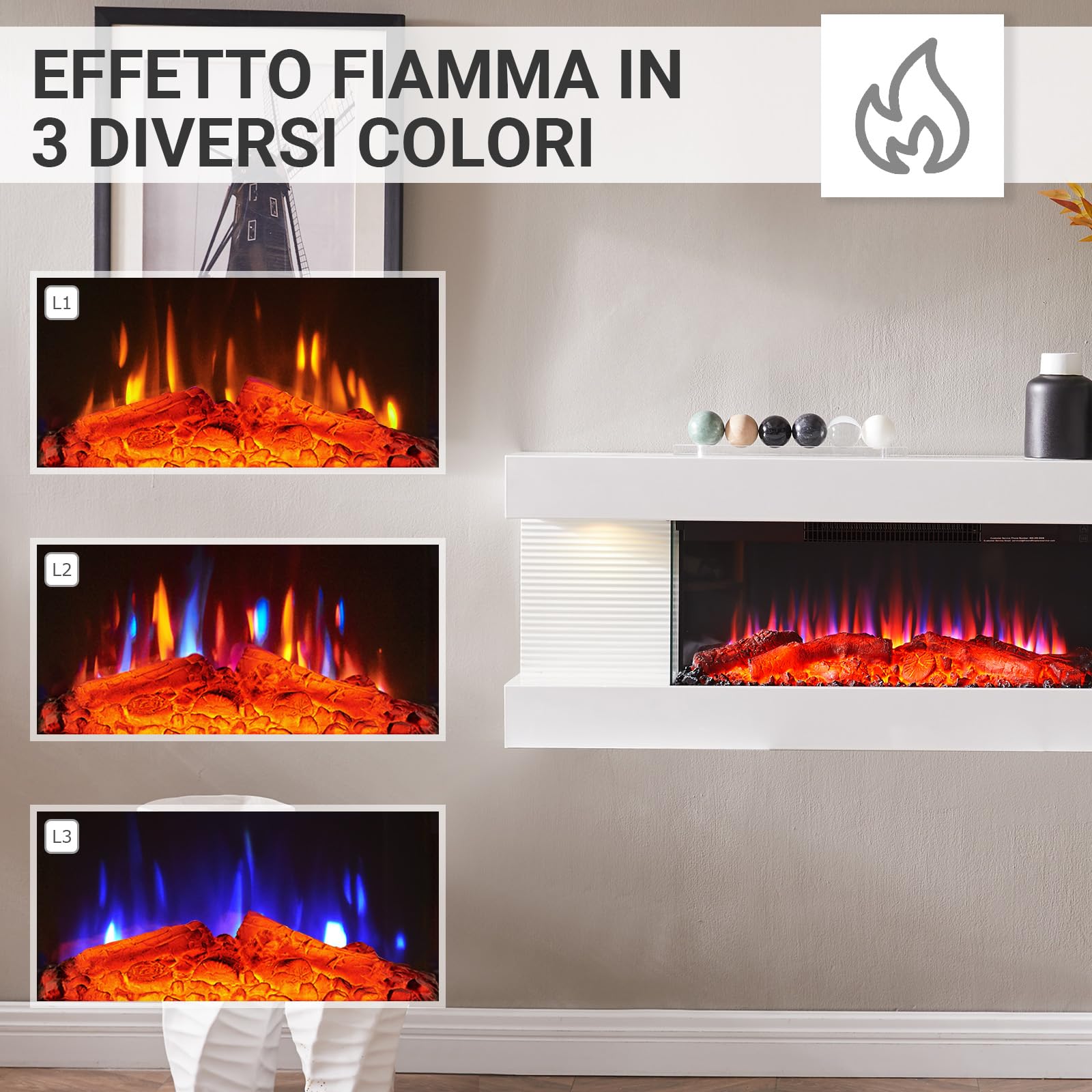 Balderia Camino Elettrico Lumina elettrico da parete con effetto fiamma 3D, riscaldamento 1000/2000 W, illuminazione a LED, camino con telecomando, timer, termostato, bianco