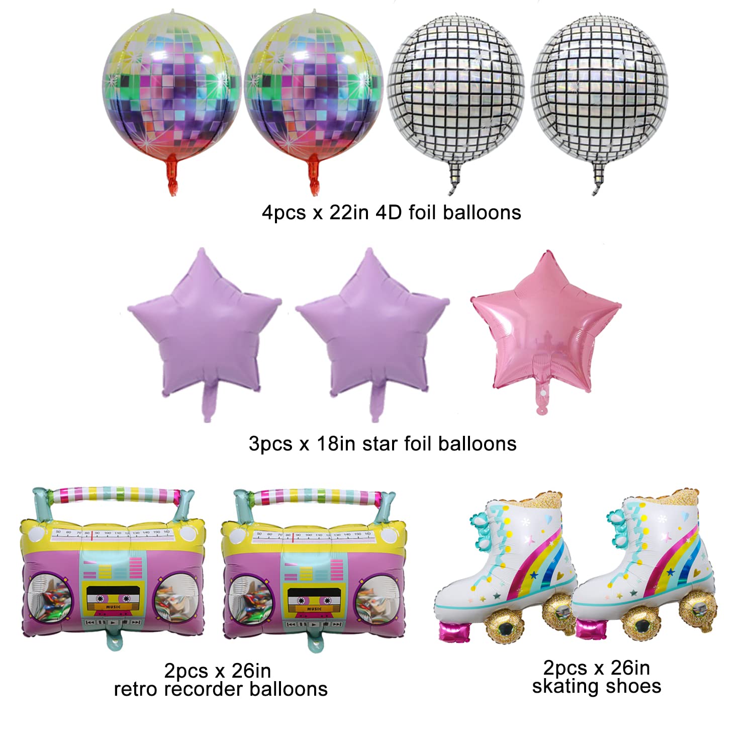 11 Palloncini Arcobaleno 4D A Tema Anni '80/'90 – Forma Rotonda Con Boombox E Pattini A Rotelle - 2