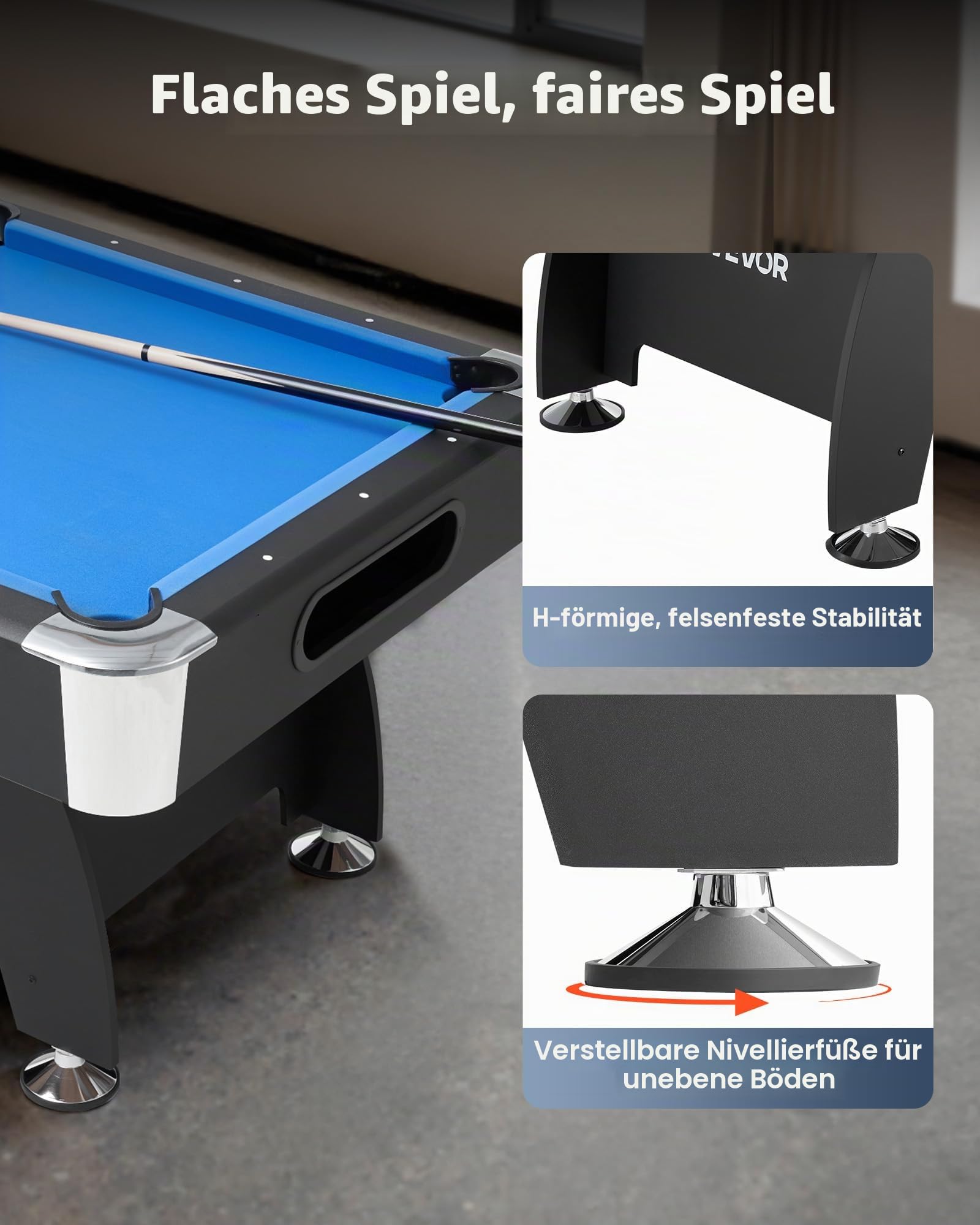VEVOR Billardtisch 213 cm moderner Spieltisch mit verstellbaren Füßen, komplettes Set inkl. Bällen/Queues/Ständer/Kreide/Bürste, für Spielzimmer Freizeiträume schwarz mit blauem Tuch