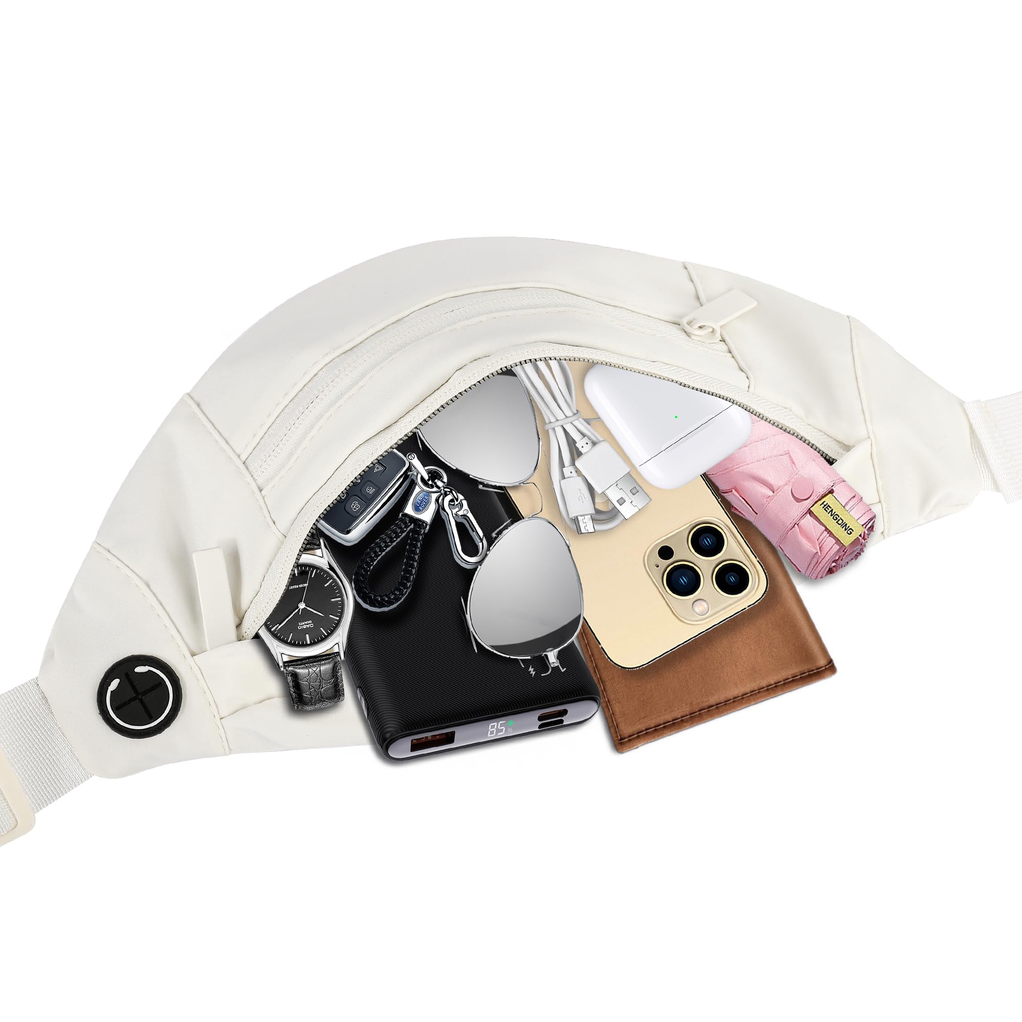 Riñonera cruzada para mujer y hombre, con cremallera, correa ajustable, impermeable, para correr, senderismo, viajes, Beige (Large Beige), Large, Riñonera con 4 cremalleras