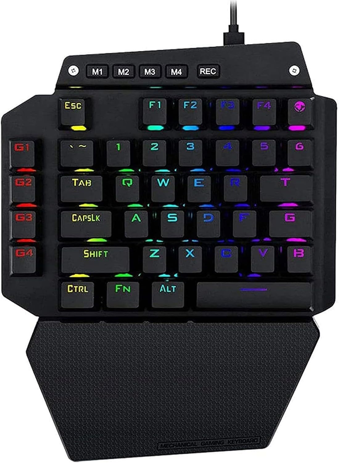 XIUNYIE Single Hand RGB USB Wired Gaming Keyboard, Rainbow Backlit Glow Keypad with Ergonomic Mechanical Feeling, Wrist Rest Support and Multimedia Keys for Gamers