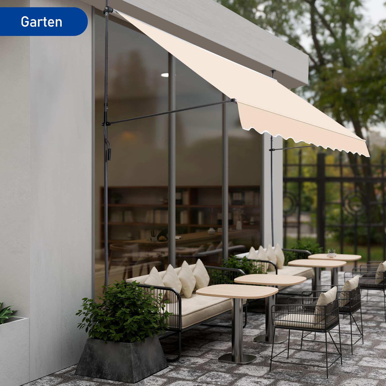 LEADZM Klemmmarkise 300 cm Breit,Balkon Markise ohne Bohren,Wasserdicht,Sonnenschutz,UV-beständig,Höhenverstellbar mit Handkurbel,für Terrasse,Balkon,Garten,Laden,Beige,Khaki