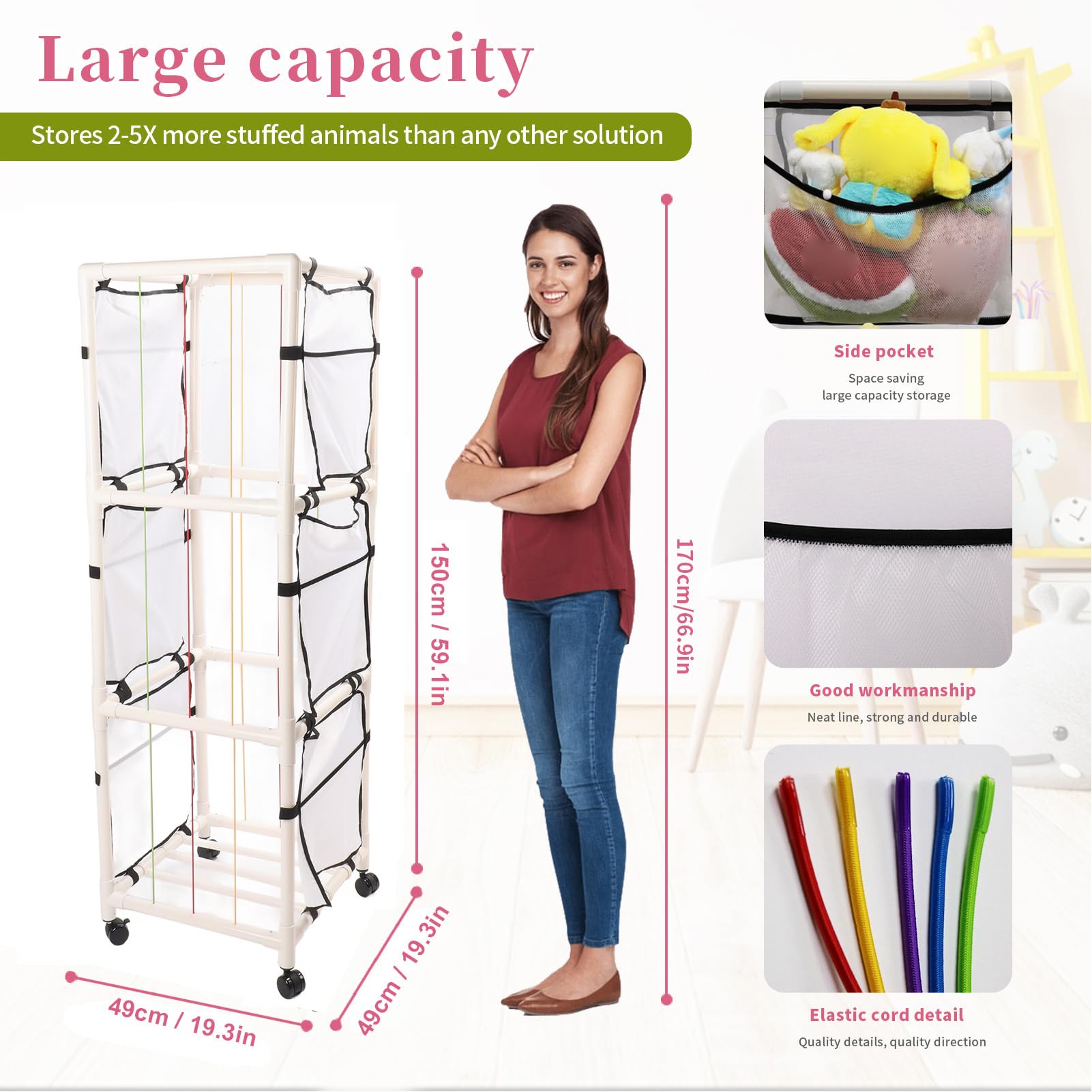 Portaoggetti per Zoo di Animali di Peluche, Organizer Multifunzionale per Peluche per Bambini con Ruote, PVC ABS, Bianco, 150 X 49 X 49 Cm, Rotazione a 360° per Sala Giochi