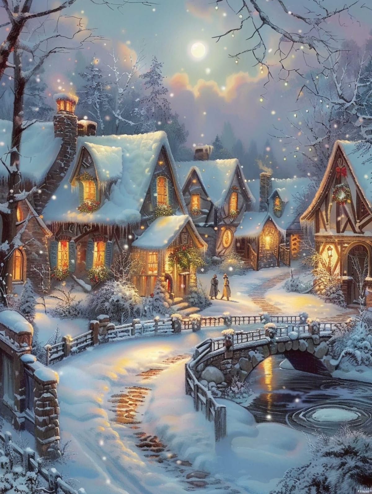 LFYNIORS DIY Perlenstickerei Set Vordruck Winterliche Stadtlandschaft Nadelstich-Set Mit Perlen Und Kreuzstich-Set Mit Buntem Stickgarn Und Perlen 40x50cm