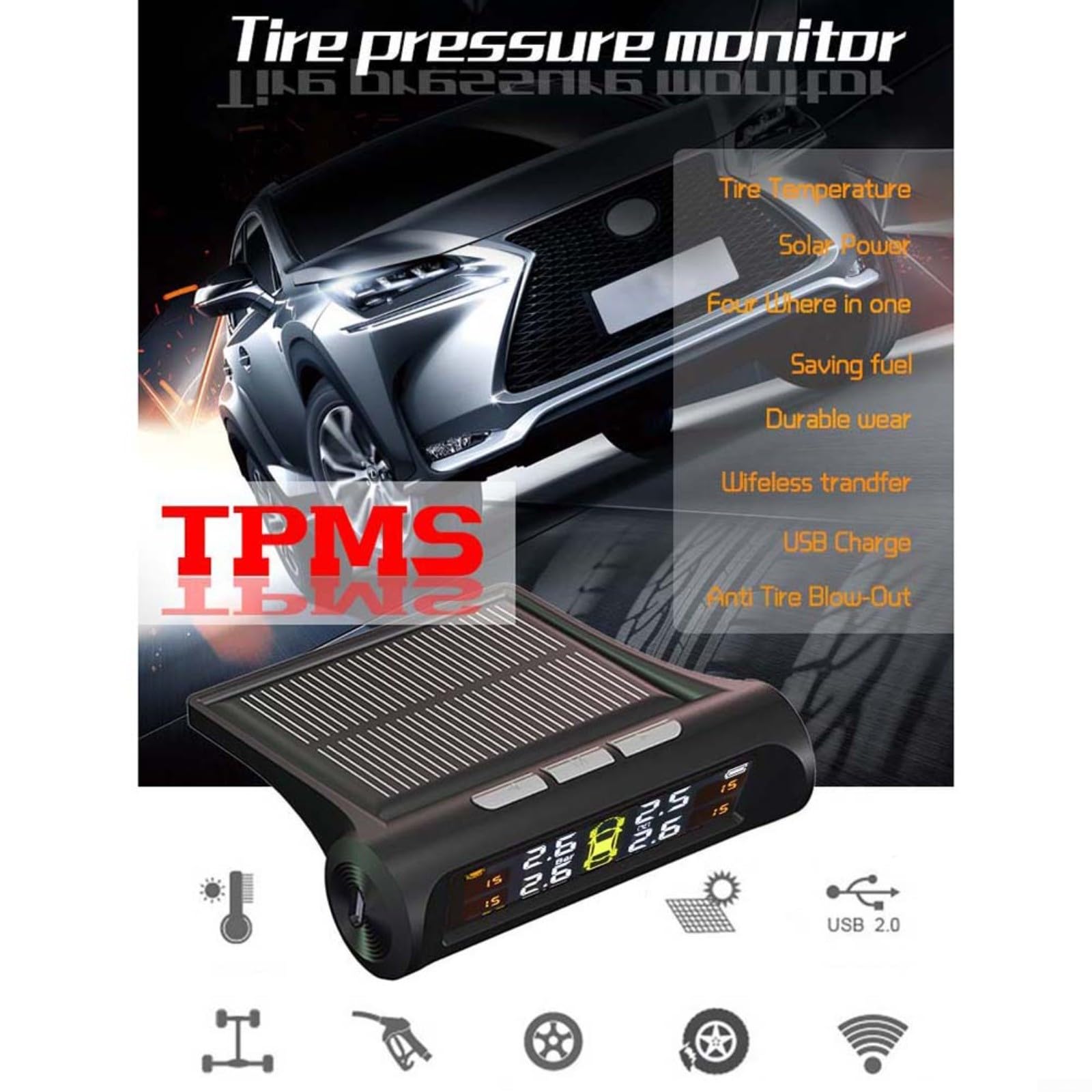 RichVibe Solar TPMS mit 4 eingebauten Sensoren, kabelloser Reifendruck-Monitor, Digitalanzeige, Hochtemperatur-Alarm für Auto, SUV, LKW, Van