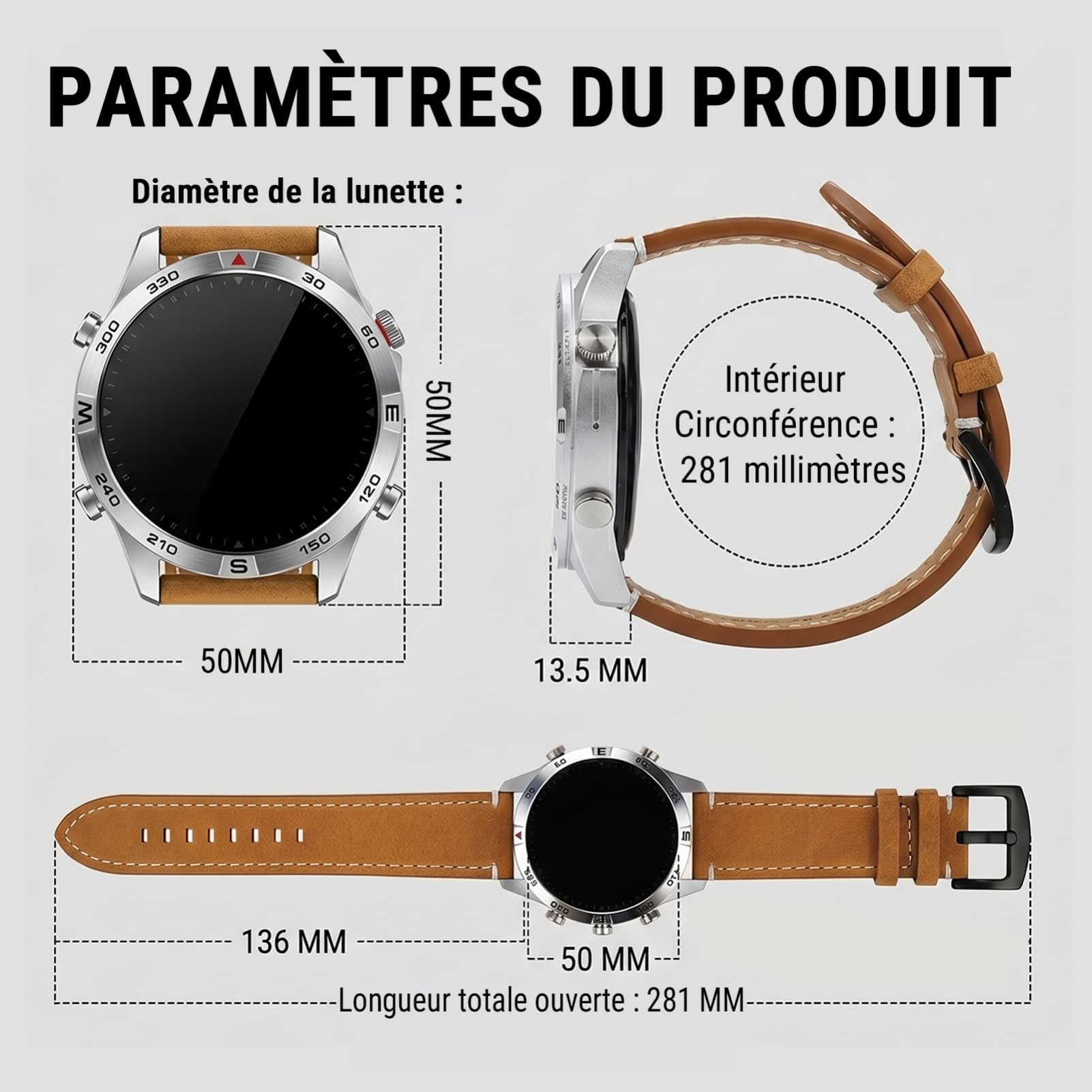 GPS Montre Connectée Homme, AMOLED Écran Tactile 1,43 Pouces Montre Sport G7, Appels Bluetooth, Cartes Hors Ligne, 100+ Modes Sportifs, Boussole, Étanche 5 ATM pour iOS/Android (Cuir Marron)