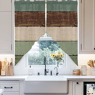 IDOWMAT Farm Retro Teal Wood Board Swag Valance for Kitchen Windows,Rod Pocket Short Window Treatment Tier Curtains,Farmhouse Brown Wood Grain Swag Topper Valances for Bathroom/Bedroom,1 Pair,36x36In