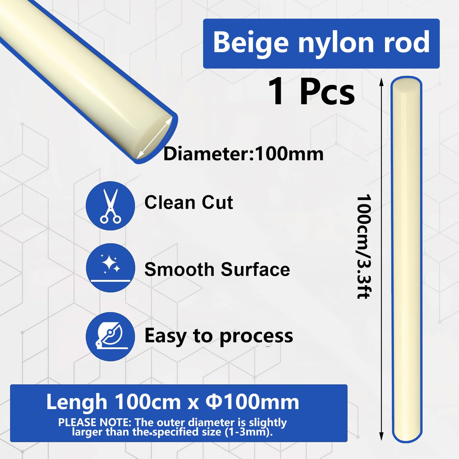 Okrągłe pręty z tworzywa nylonowego, 1 szt. Pręt nylonowy PA6 Beżowy 100 cm Ø80-100 mm(80mm)