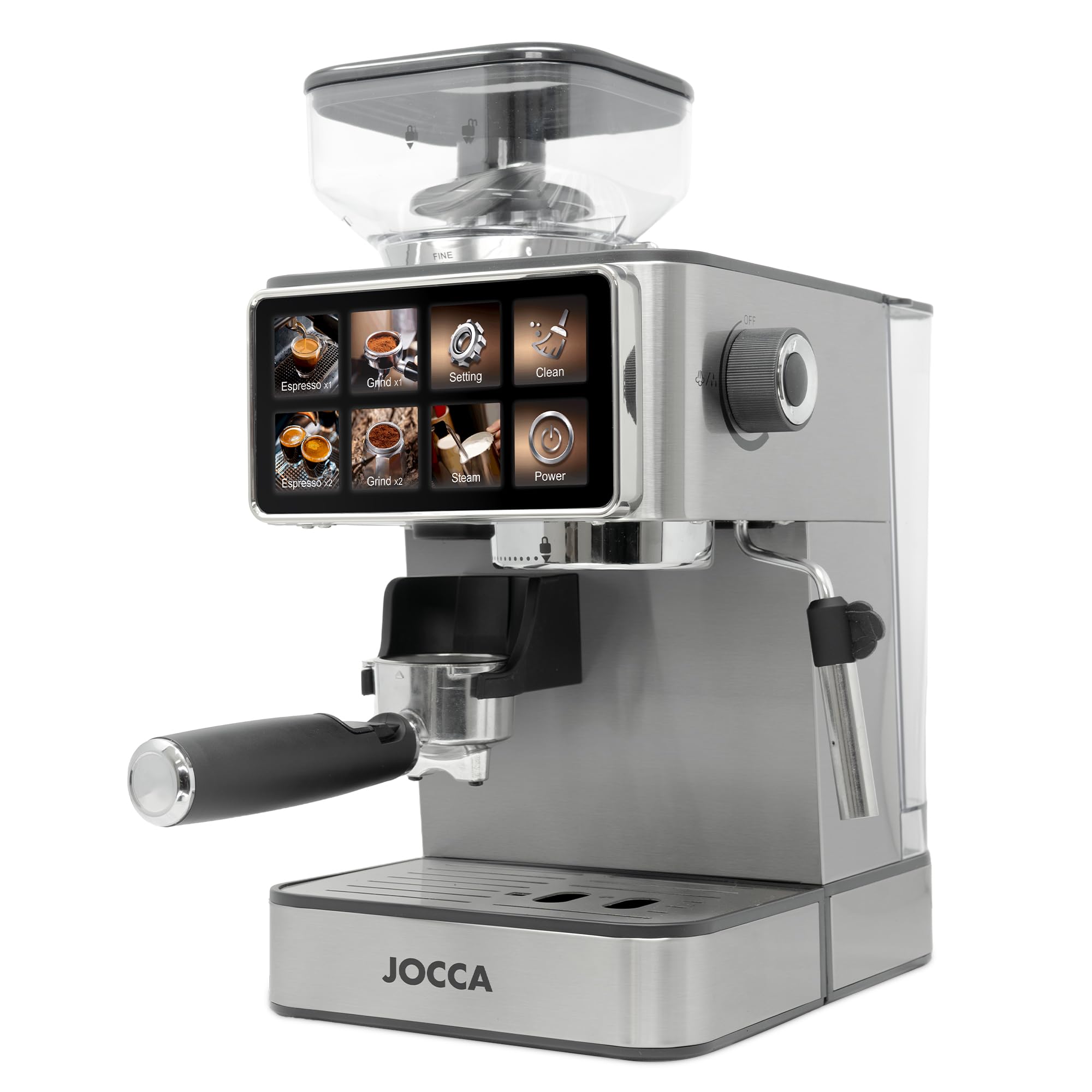 Jocca - Cafetera Espresso Semiautomática 20 Bar con Molinillo, Pantalla Táctil, 22 Niveles de Molienda, Vaporizador, Depósito 1,3L, 1450W, Acabado en cromado Acero Inoxidable