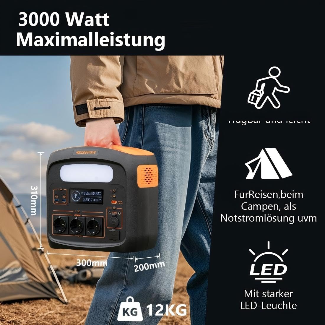 Przenośna stacja zasilająca 1800 W z panelem słonecznym 100 W, akumulator LiFePO4 1024 Wh, szybkie ładowanie w 65 min, PD, USB-C/AC/DC, ładowanie solarne, na kemping, prąd awaryjny, na